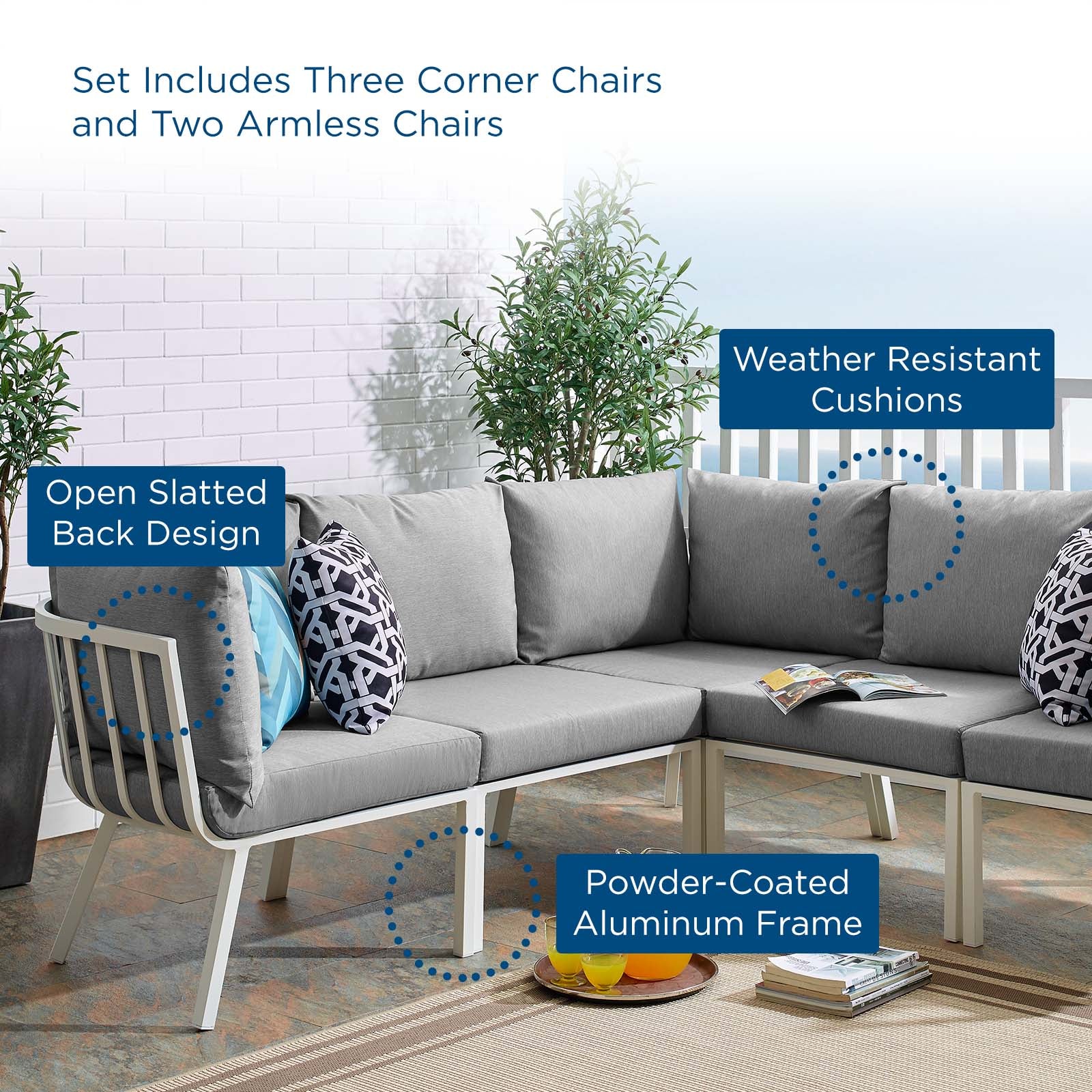 Riverside 5 Piece Outdoor Patio Aluminum Sectional-Outdoor Sectional-Modway-Wall2Wall Furnishings