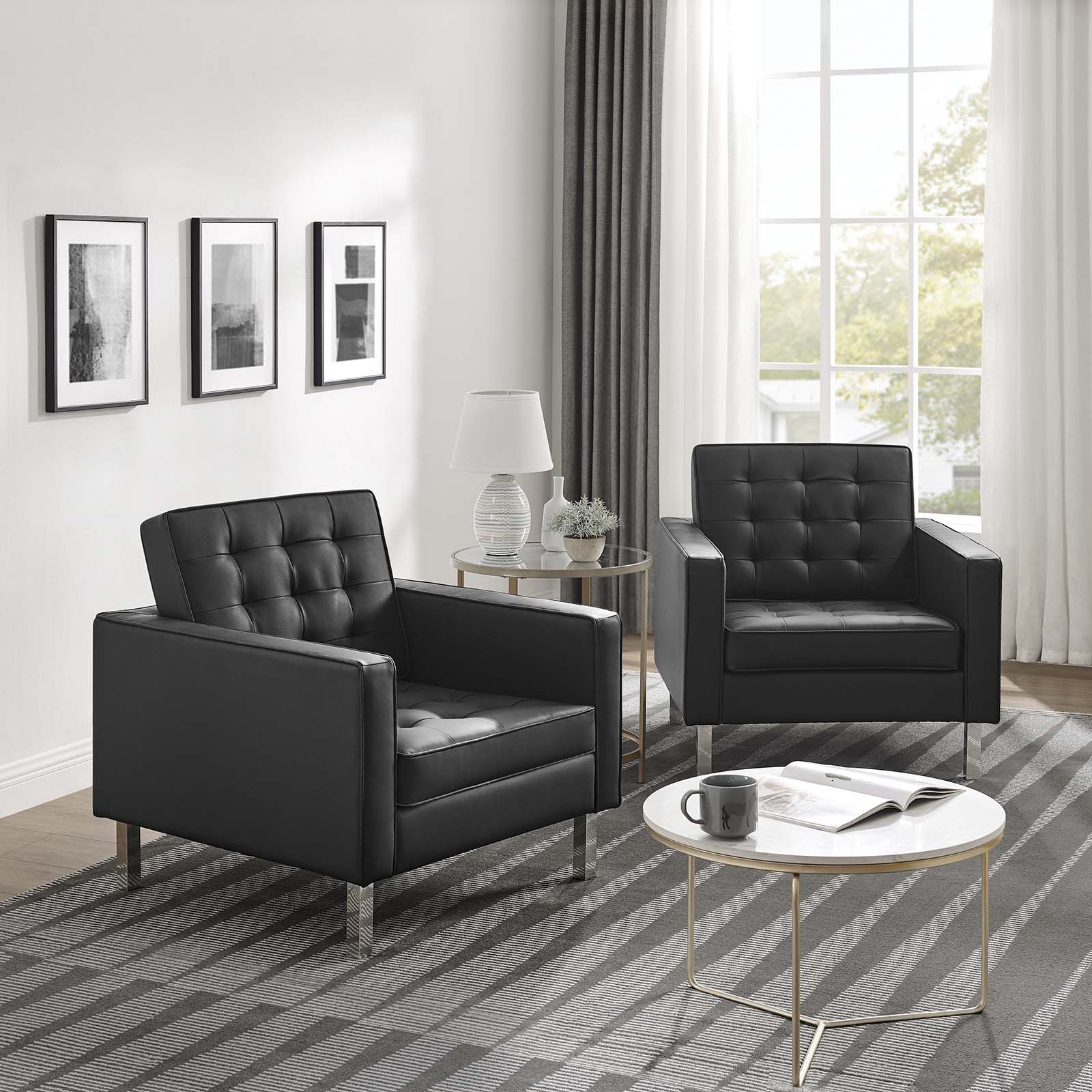 Loft Tufted Upholstered Faux Leather Armchair Set of 2-Sofa Set-Modway-Wall2Wall Furnishings
