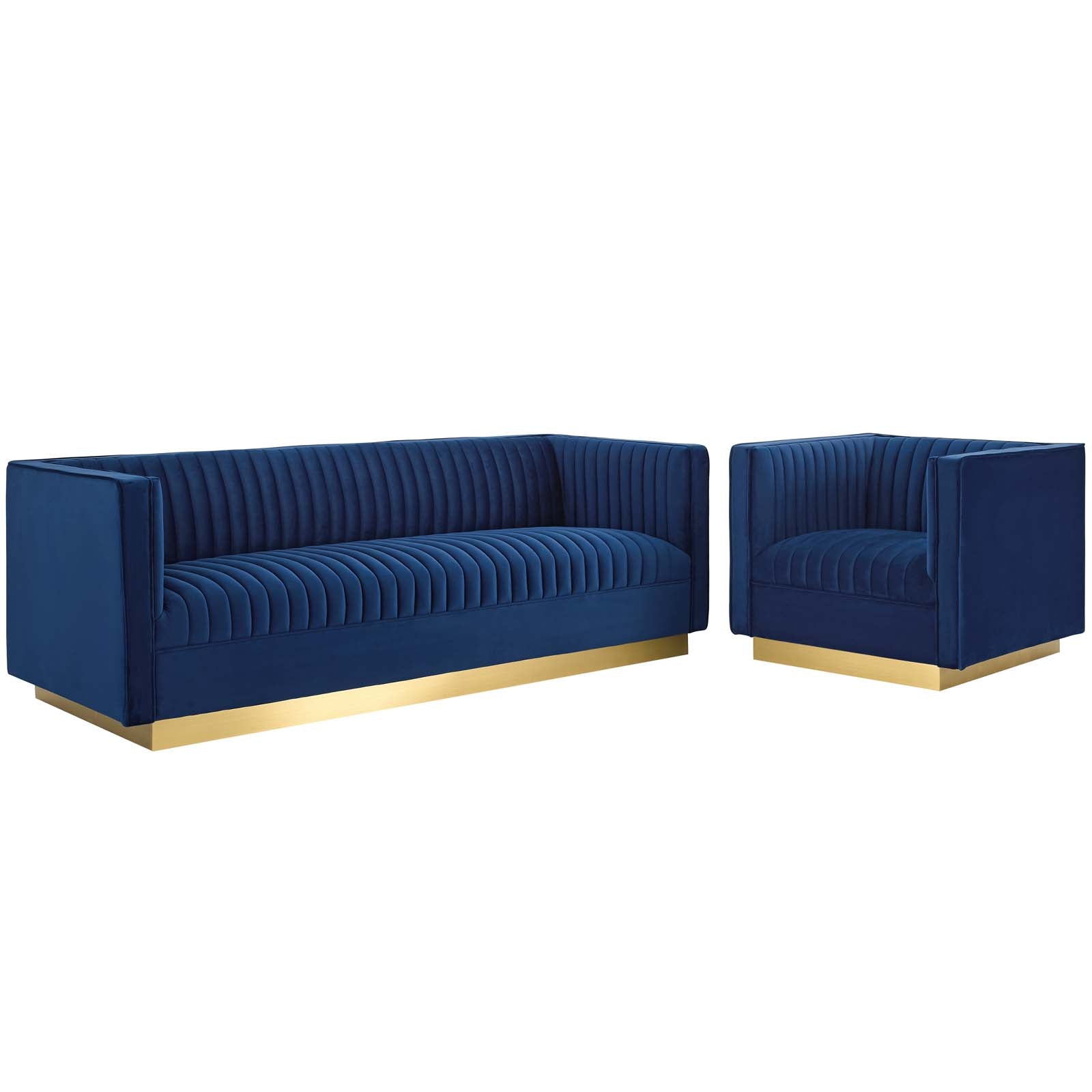 Sanguine Vertical Channel Tufted Upholstered Performance Velvet Sofa and Armchair Set-Sofa Set-Modway-Wall2Wall Furnishings