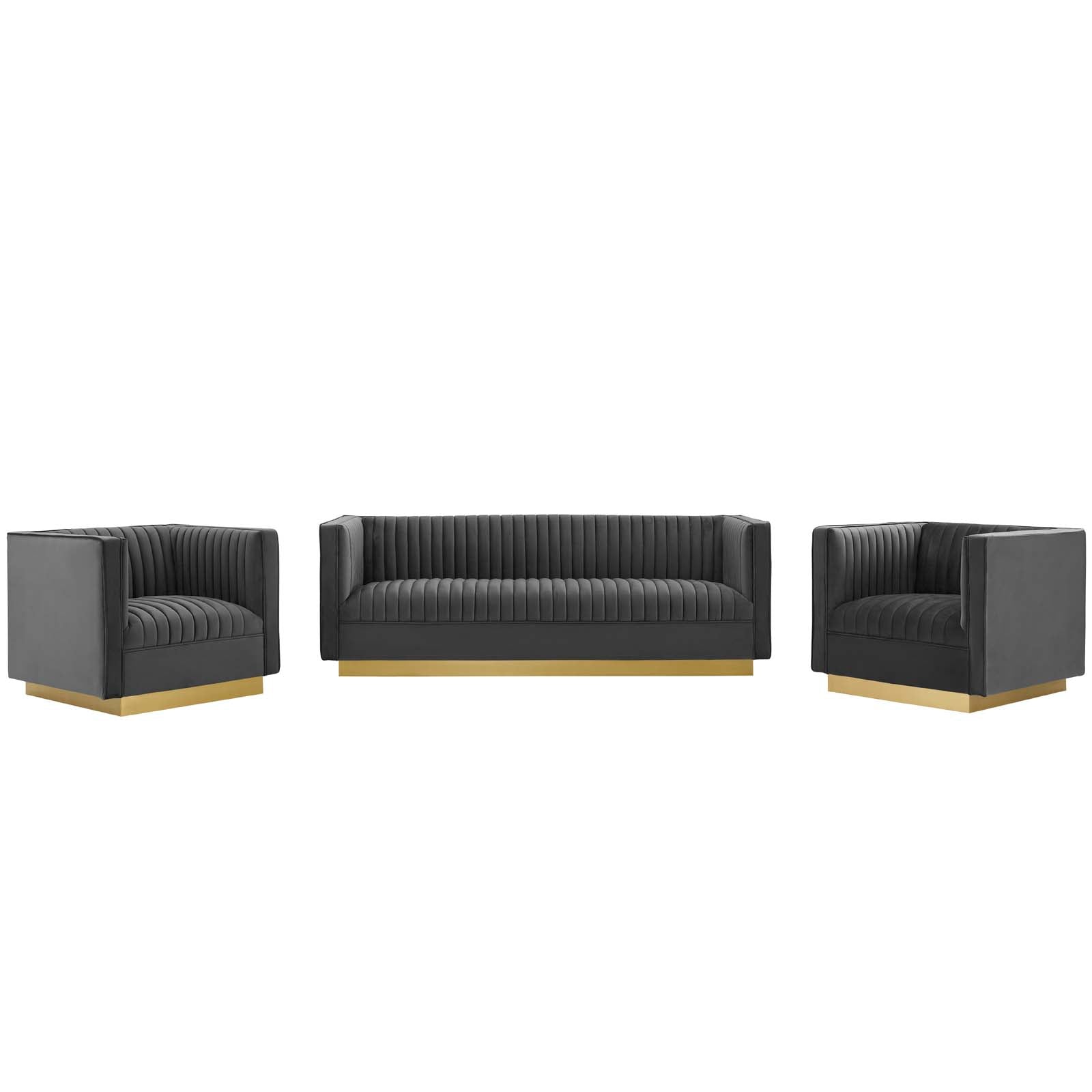 Sanguine 3 Piece Vertical Channel Tufted Upholstered Performance Velvet Set-Sofa Set-Modway-Wall2Wall Furnishings