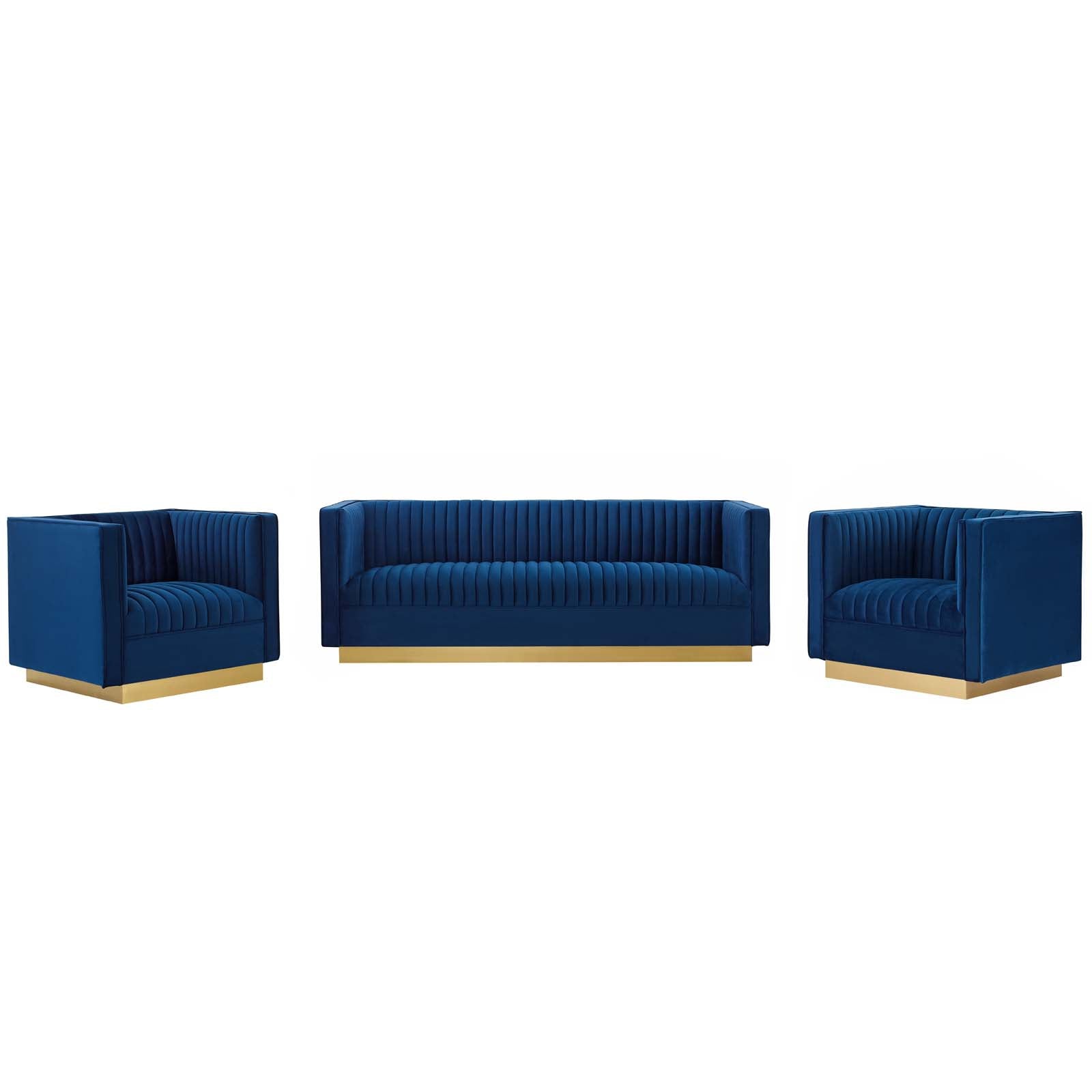 Sanguine 3 Piece Vertical Channel Tufted Upholstered Performance Velvet Set-Sofa Set-Modway-Wall2Wall Furnishings