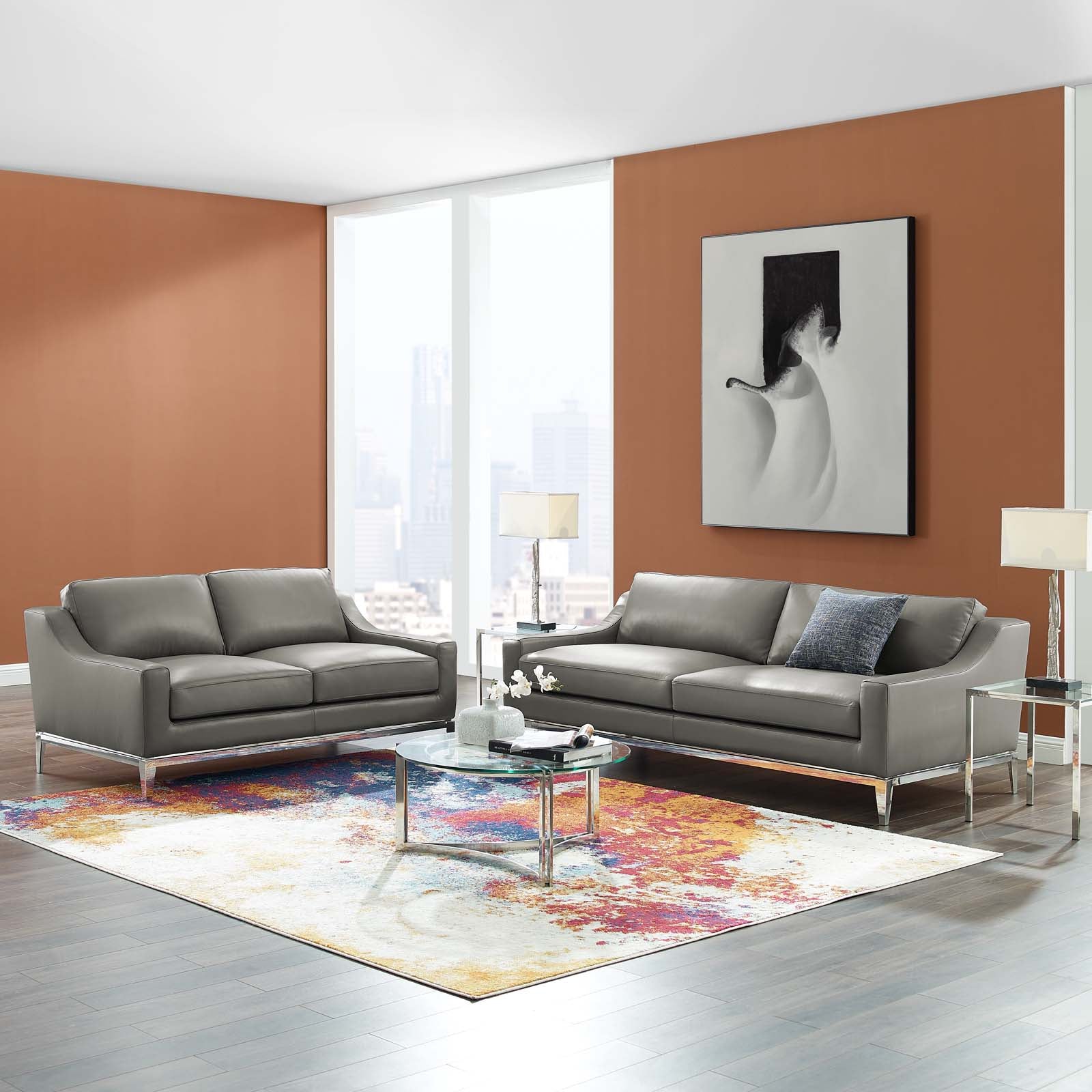 Harness Stainless Steel Base Leather Sofa and Loveseat Set-Sofa Set-Modway-Wall2Wall Furnishings