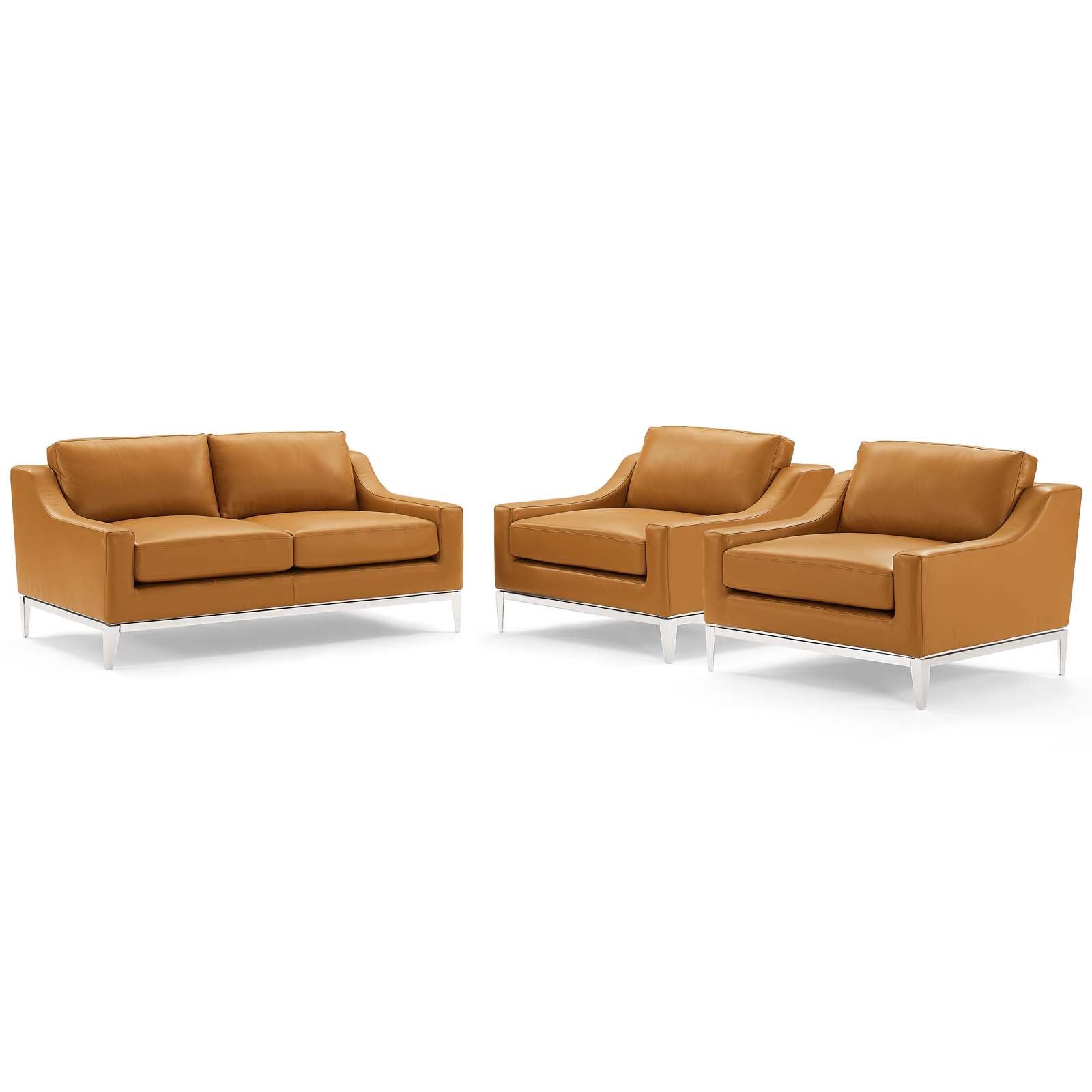 Harness 3 Piece Stainless Steel Base Leather Set-Sofa Set-Modway-Wall2Wall Furnishings