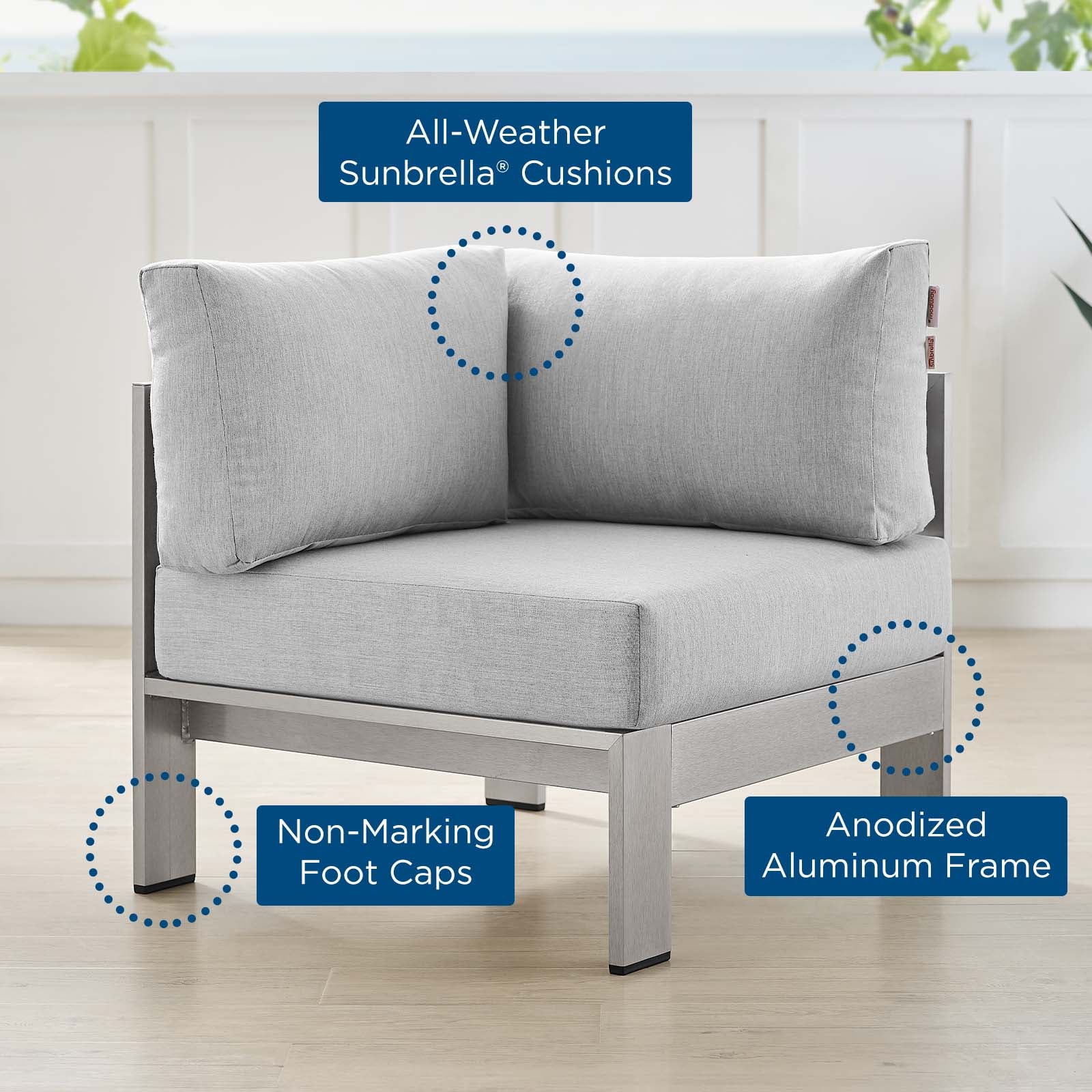 Shore Sunbrella® Fabric Aluminum Outdoor Patio Corner Sofa-Outdoor Sofa-Modway-Wall2Wall Furnishings