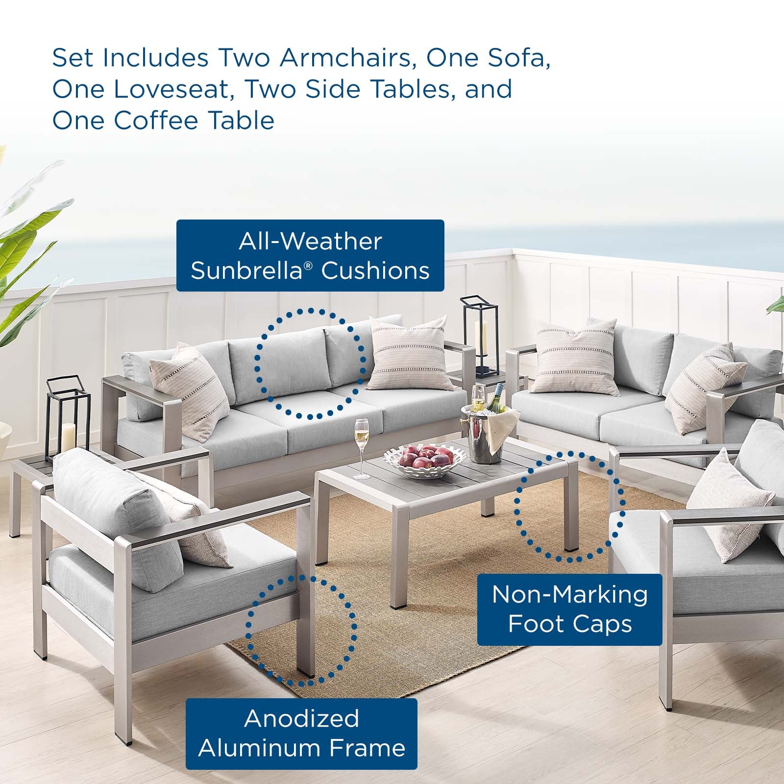 Shore Sunbrella® Fabric Outdoor Patio Aluminum 7 Piece Set-Outdoor Set-Modway-Wall2Wall Furnishings