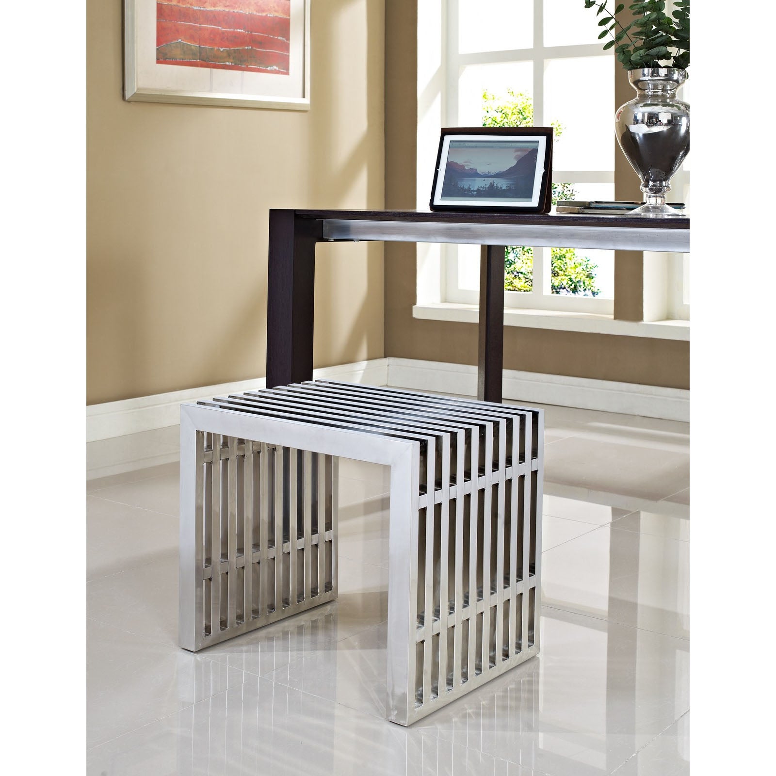 Gridiron Small Stainless Steel Bench-Bench-Modway-Wall2Wall Furnishings