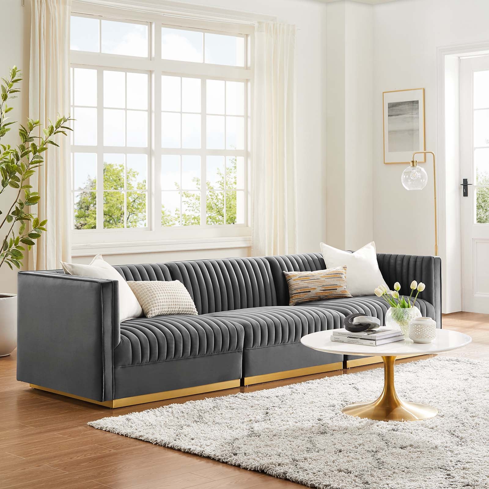 Sanguine Channel Tufted Performance Velvet 3-Seat Modular Sectional Sofa-Sofa-Modway-Wall2Wall Furnishings