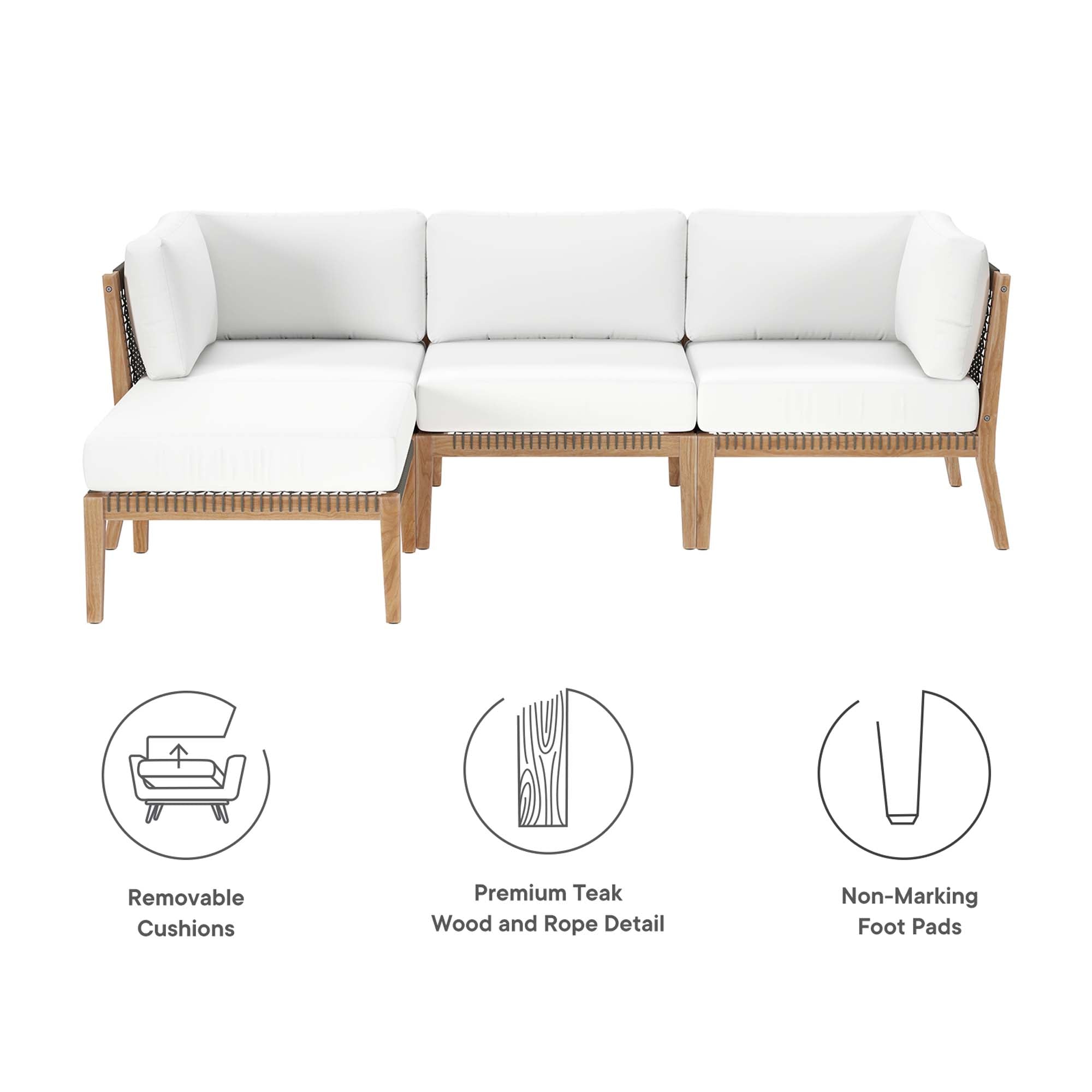 Clearwater 4-Piece Outdoor Patio Teak Wood Sectional Sofa