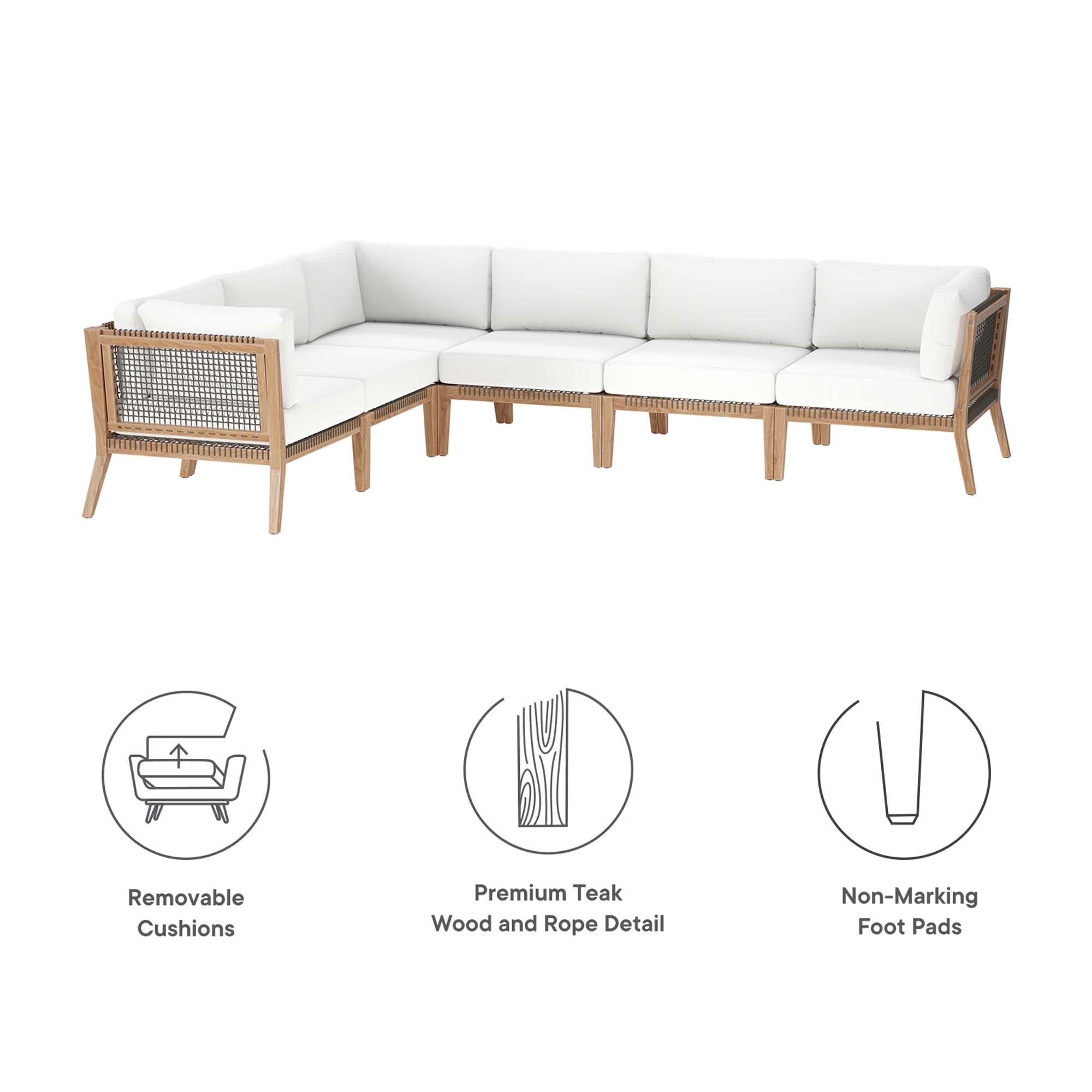 Clearwater 6-Piece Outdoor Patio Teak Wood Sectional Sofa