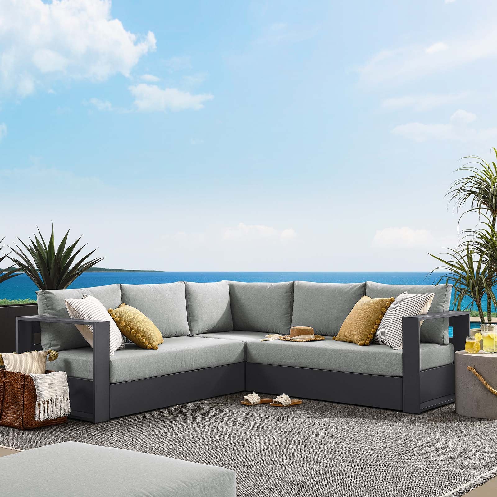 Tahoe Outdoor Patio Powder-Coated Aluminum 3-Piece Sectional Sofa Set-Outdoor Set-Modway-Wall2Wall Furnishings
