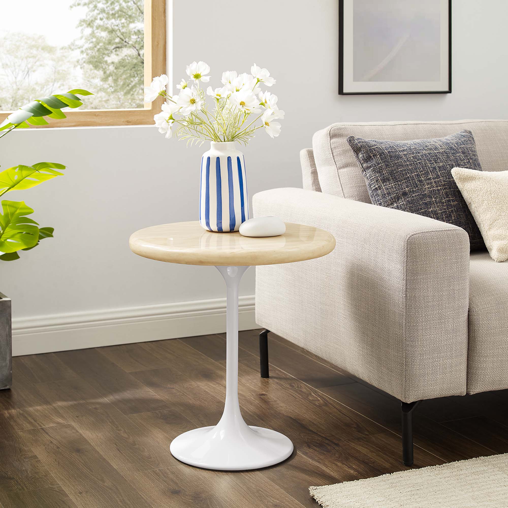 Lippa 20" Round Faux Travertine Side Table