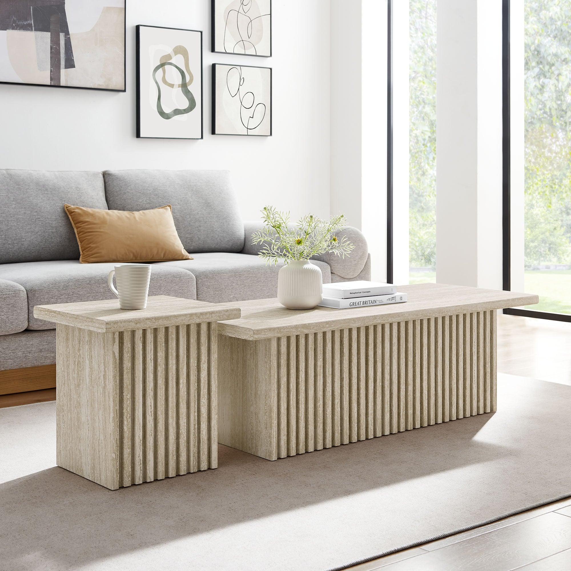 Render Nesting Faux Travertine Coffee Tables Set of 2