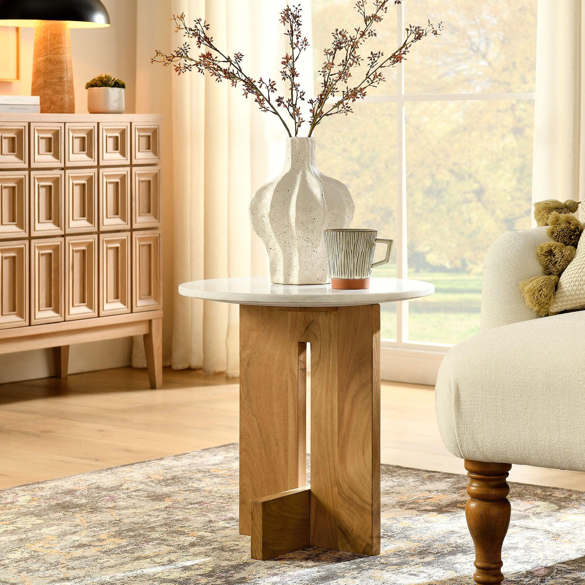 Tarin Acacia Wood and Marble Side Table