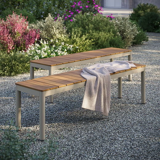 Finn Outdoor Patio Aluminum Bench with Faux Wood Top Set of 2