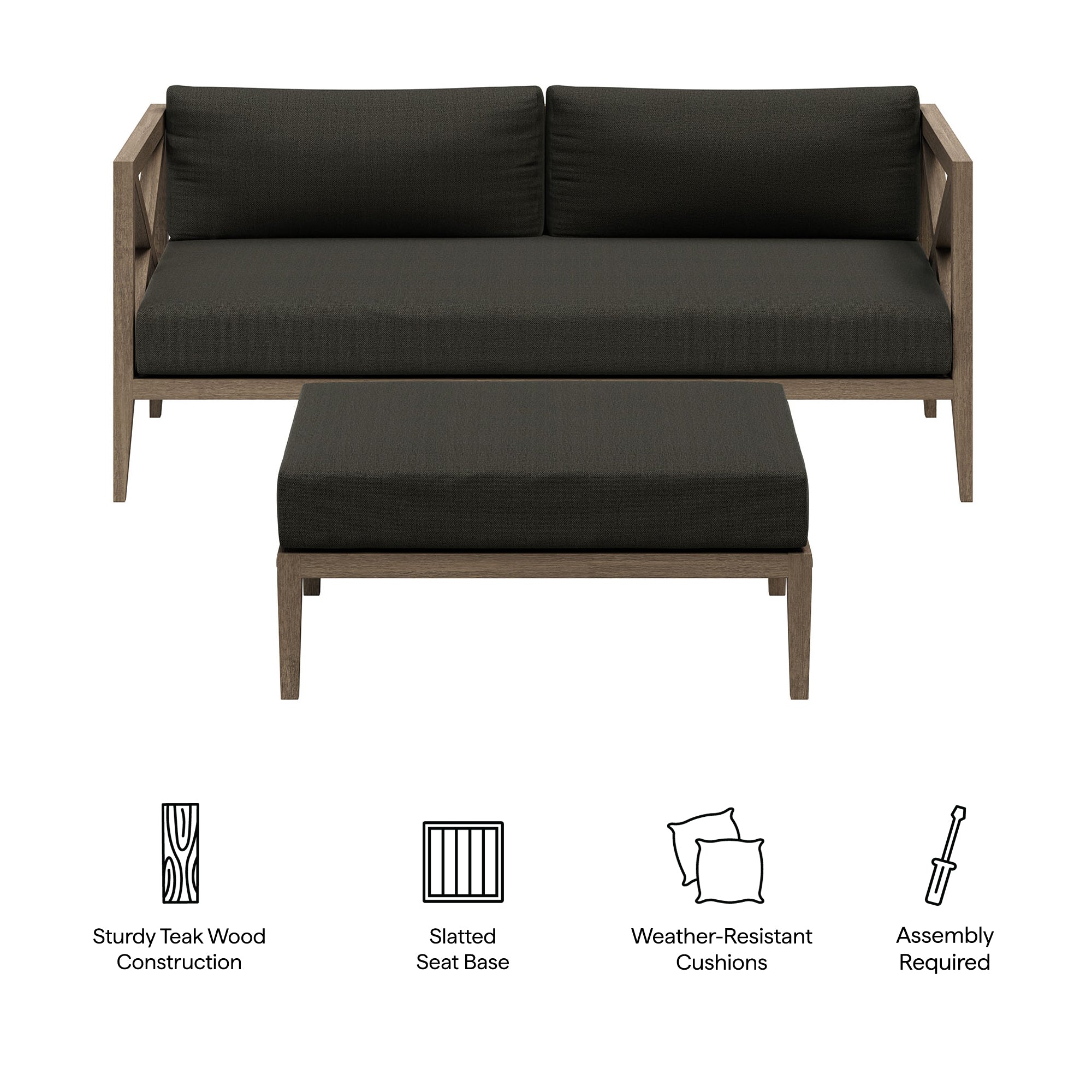Northlake Outdoor Patio Teak Wood Loveseat and Ottoman Set