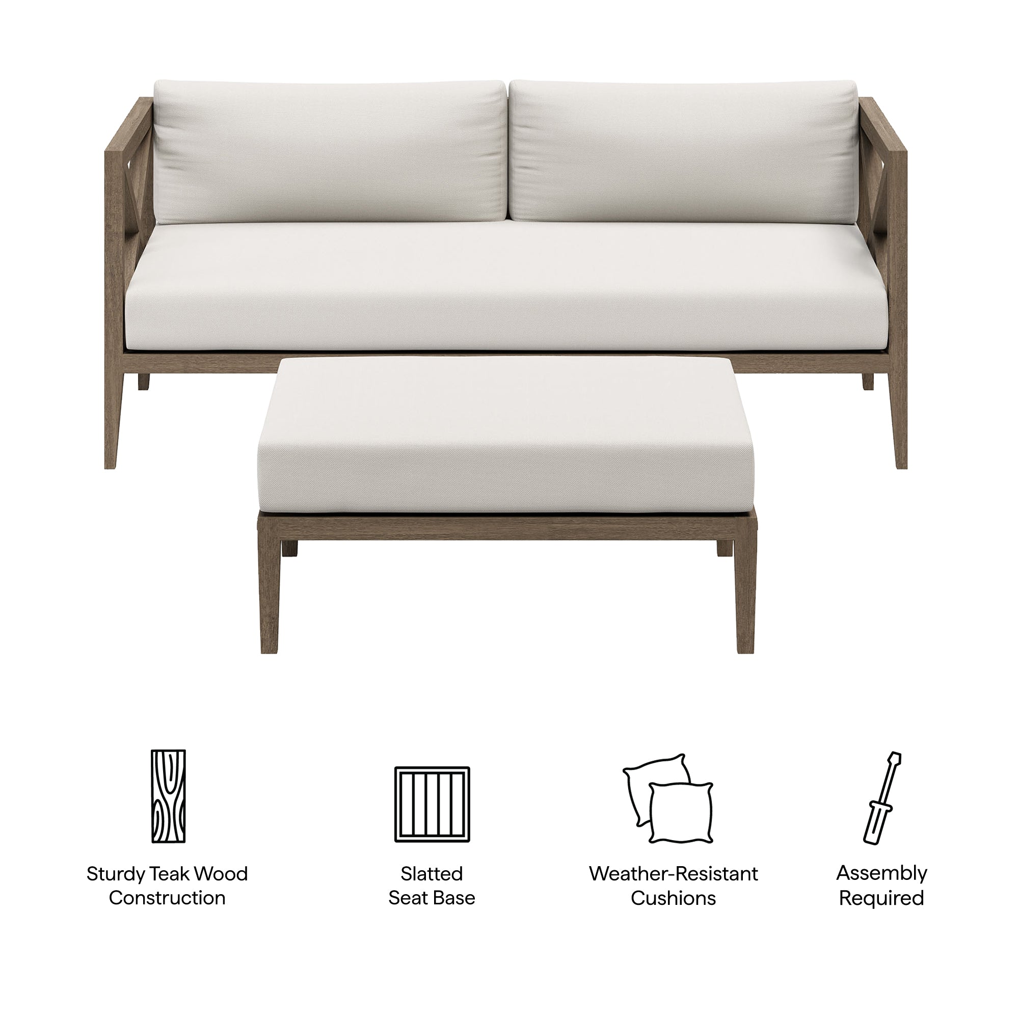 Northlake Outdoor Patio Teak Wood Loveseat and Ottoman Set