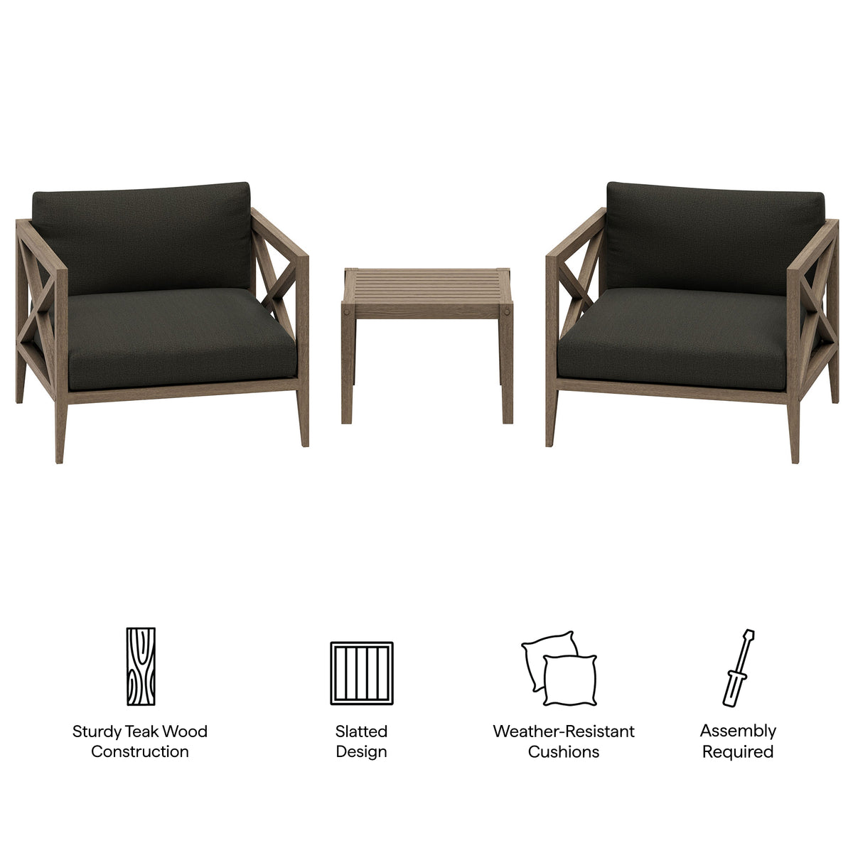 Northlake 3-Piece Outdoor Patio Teak Wood Furniture Set with Armchair and Side Table