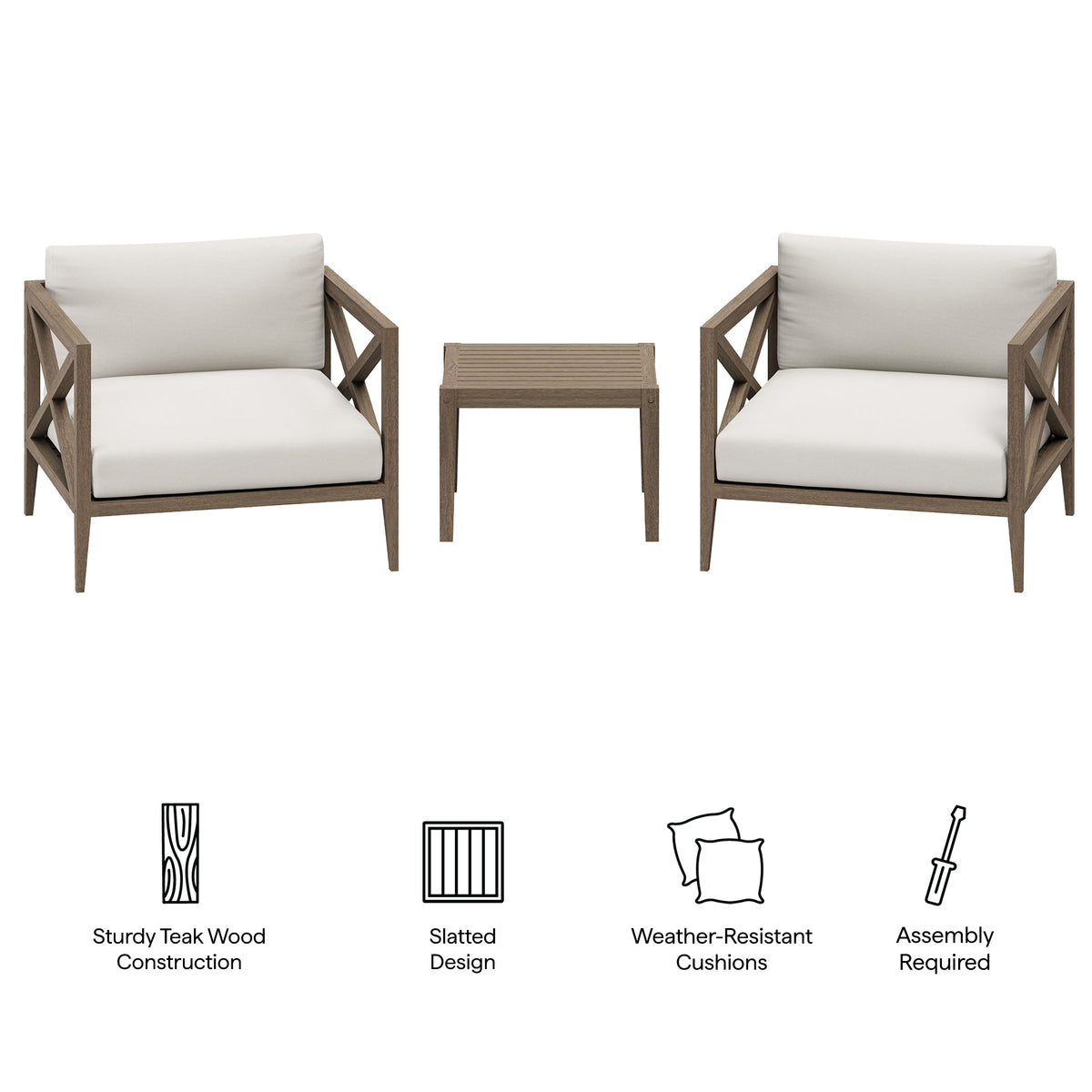 Northlake 3-Piece Outdoor Patio Teak Wood Furniture Set with Armchair and Side Table
