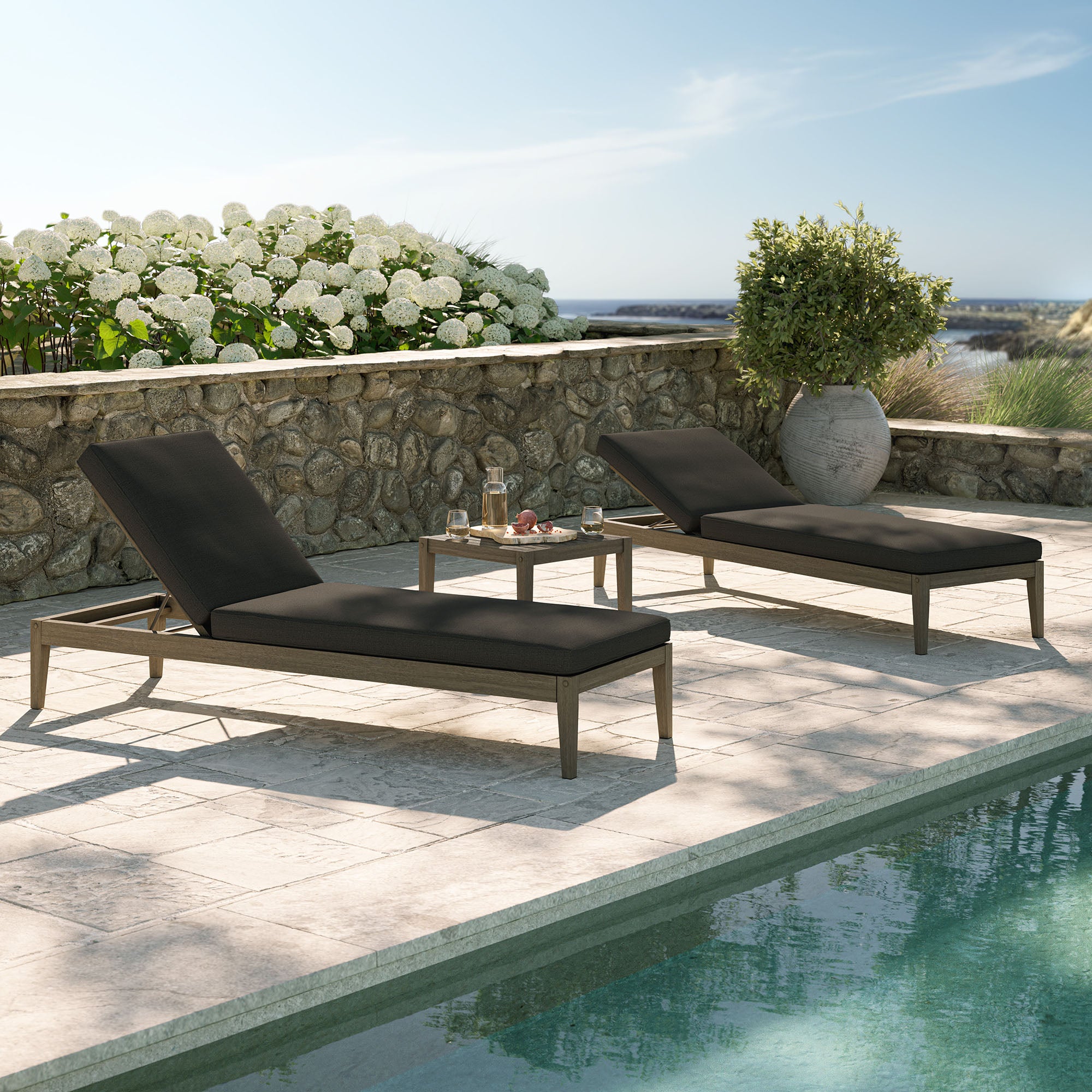 Northlake 3-Piece Outdoor Patio Teak Wood Furniture Set with Chaise Lounges and Side Table