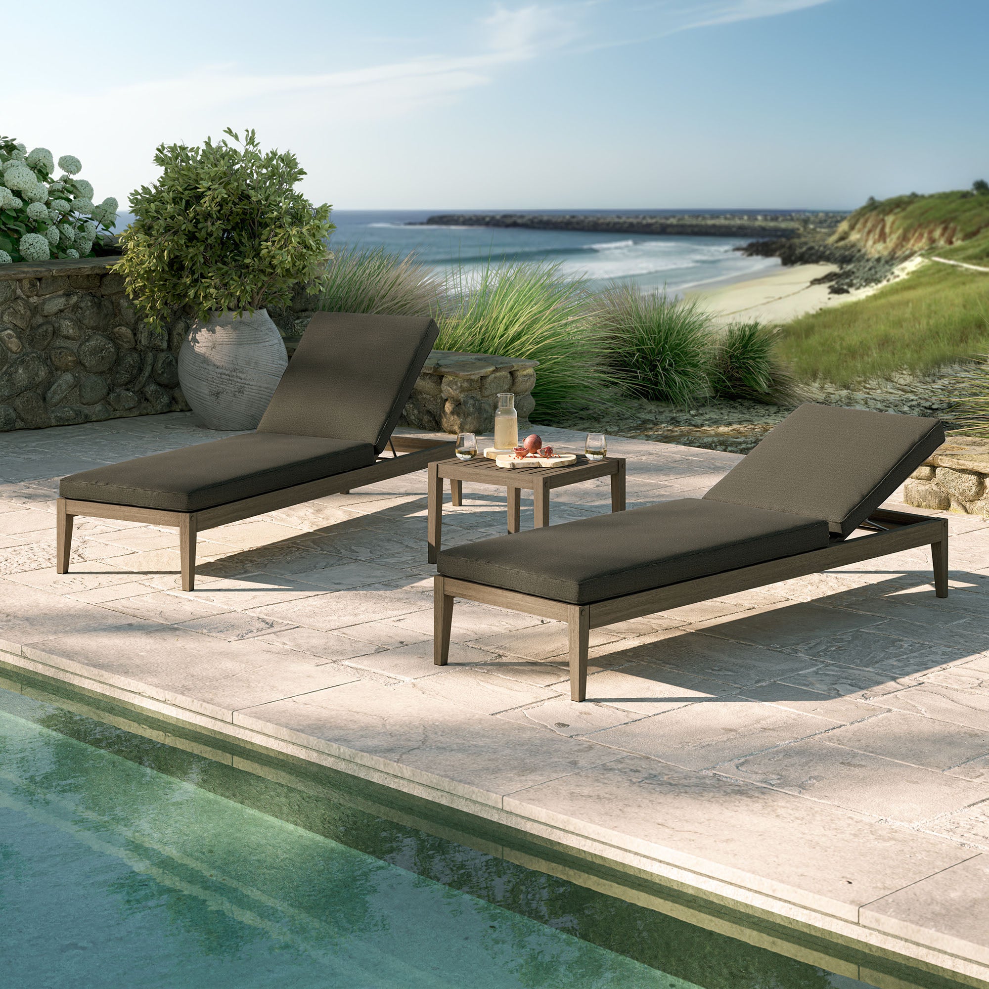 Northlake 3-Piece Outdoor Patio Teak Wood Furniture Set with Chaise Lounges and Side Table