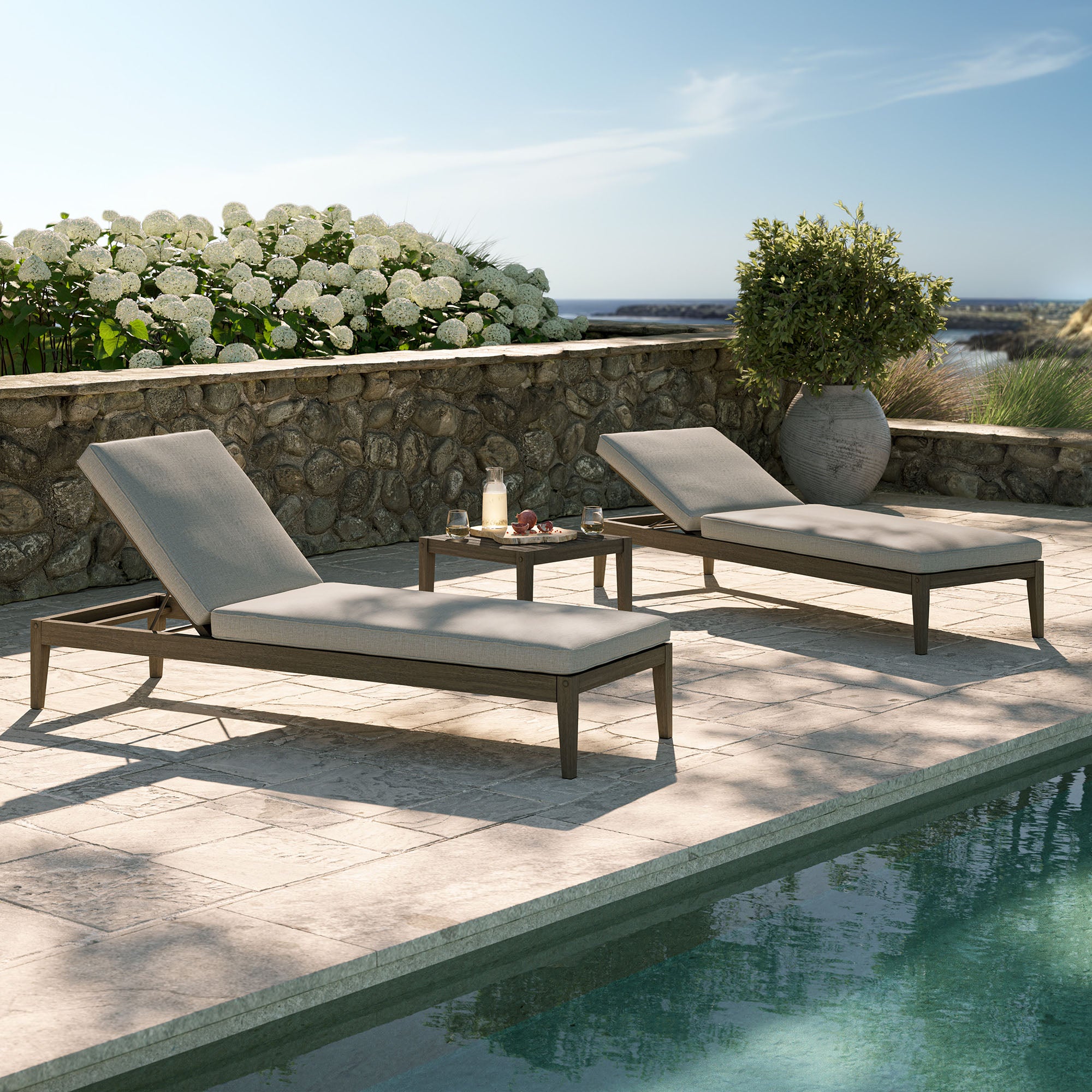 Northlake 3-Piece Outdoor Patio Teak Wood Furniture Set with Chaise Lounges and Side Table