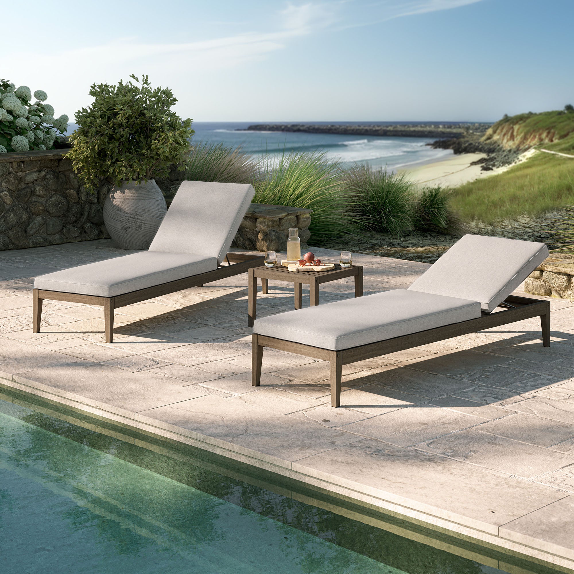 Northlake 3-Piece Outdoor Patio Teak Wood Furniture Set with Chaise Lounges and Side Table