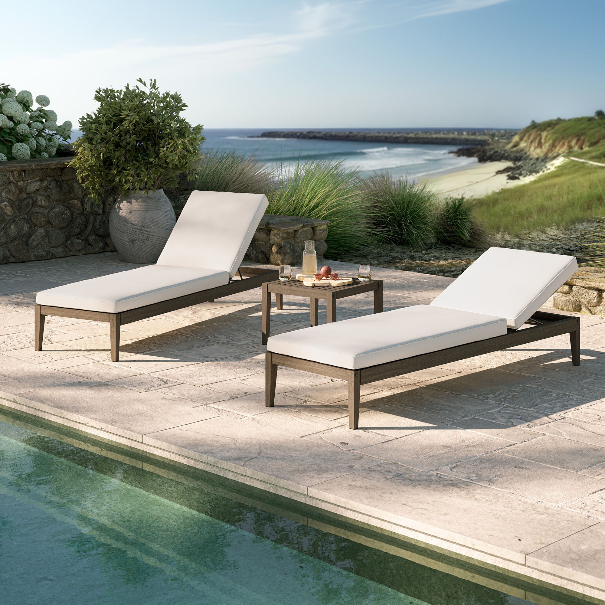 Northlake 3-Piece Outdoor Patio Teak Wood Furniture Set with Chaise Lounges and Side Table