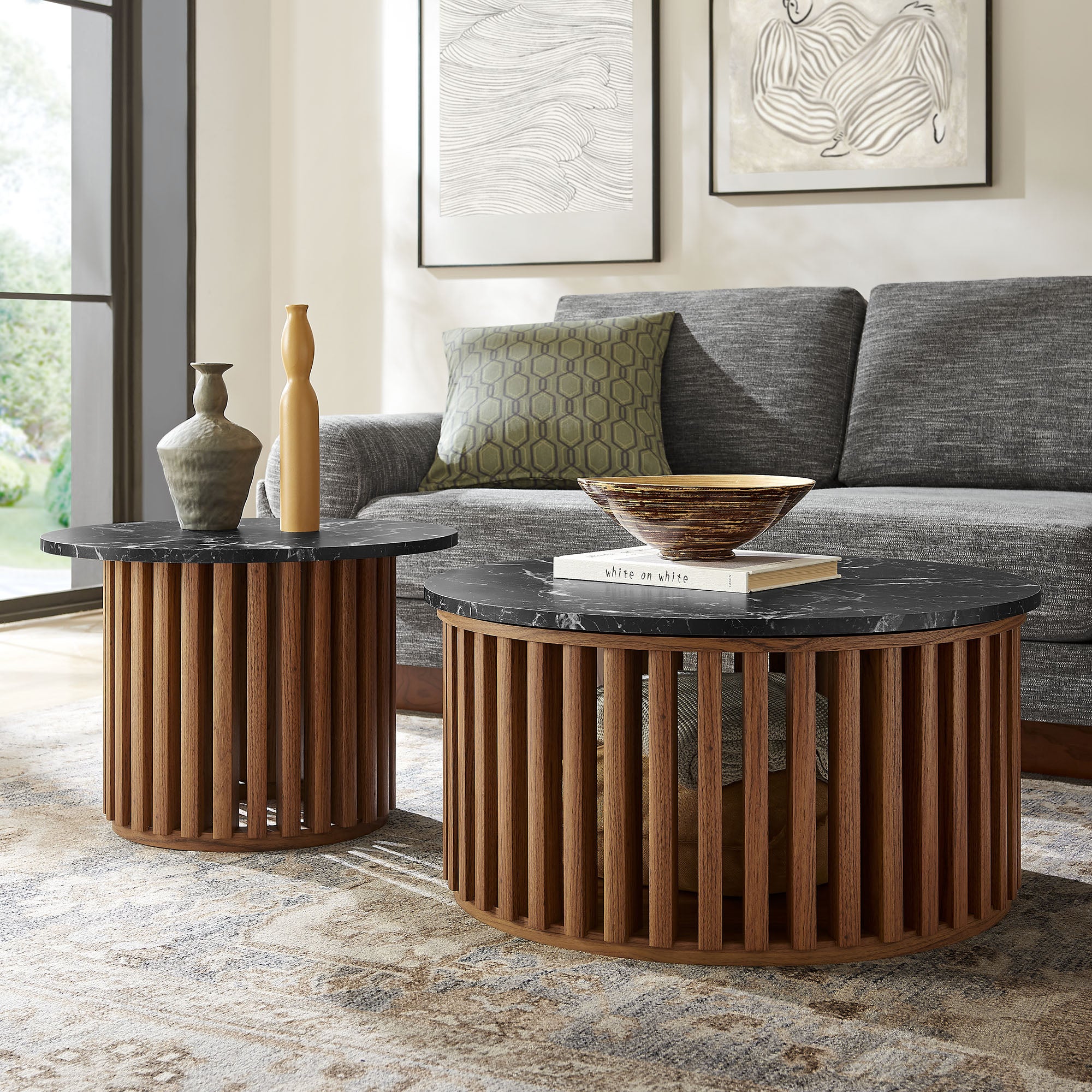Fortitude Round Faux Marble Top Nesting Coffee Table Set
