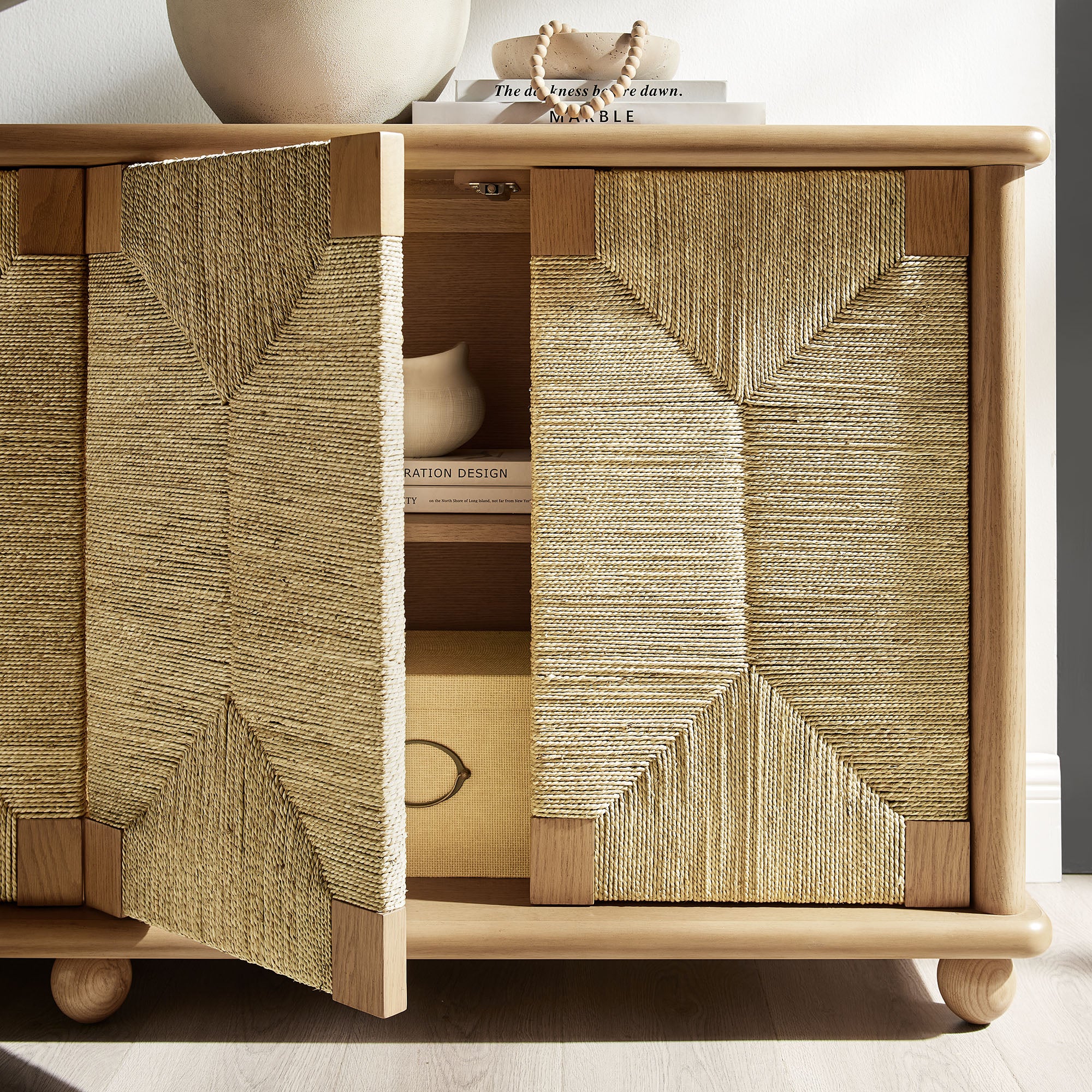 Marola 71 Inch Oak Wood Seagrass Sideboard