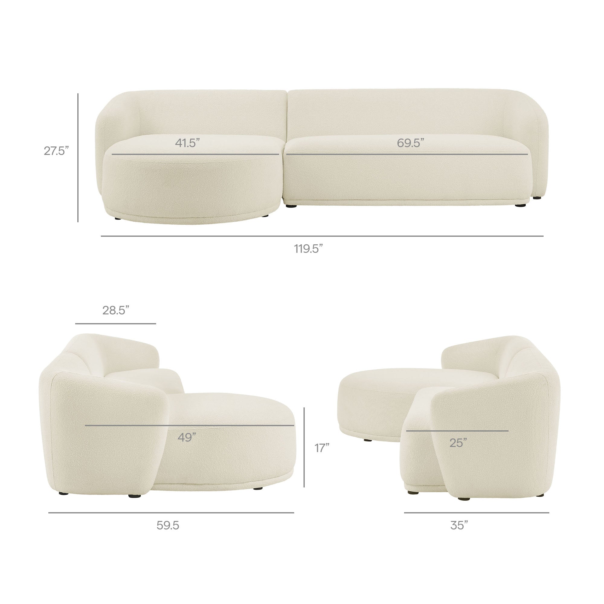 Monica 2 Piece Left Facing Boucle Fabric Modular Sofa with Chaise