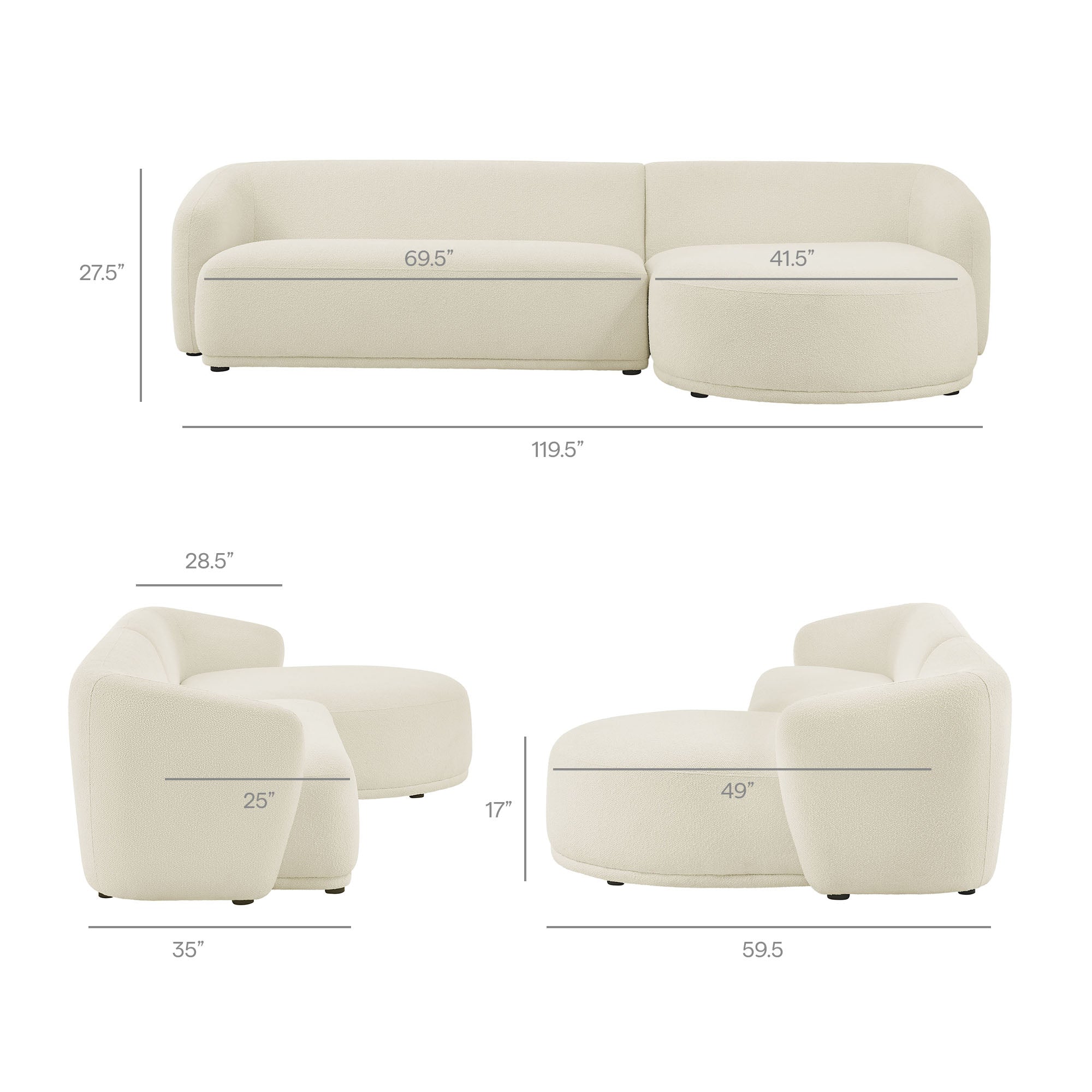 Monica 2 Piece Right Facing Boucle Fabric Modular Sofa with Chaise