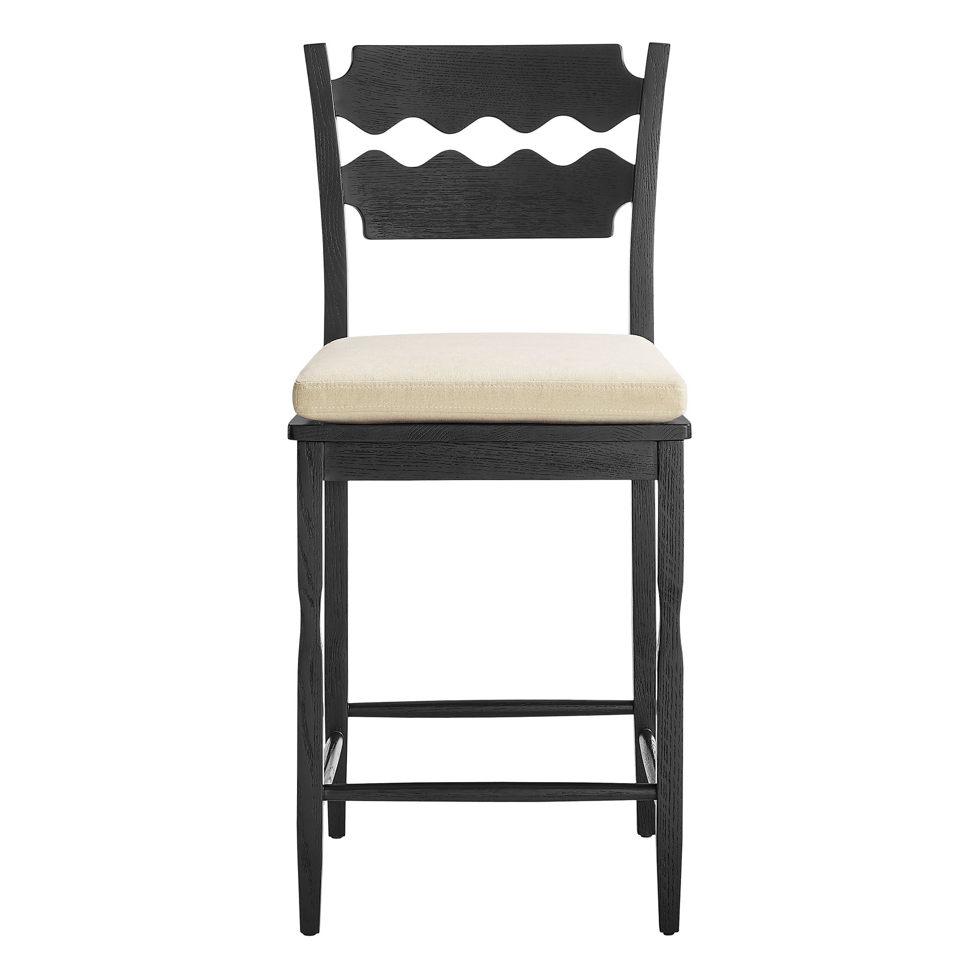 Jax Oak Wood Counter Stool With Wavy Razor Back and Cushion