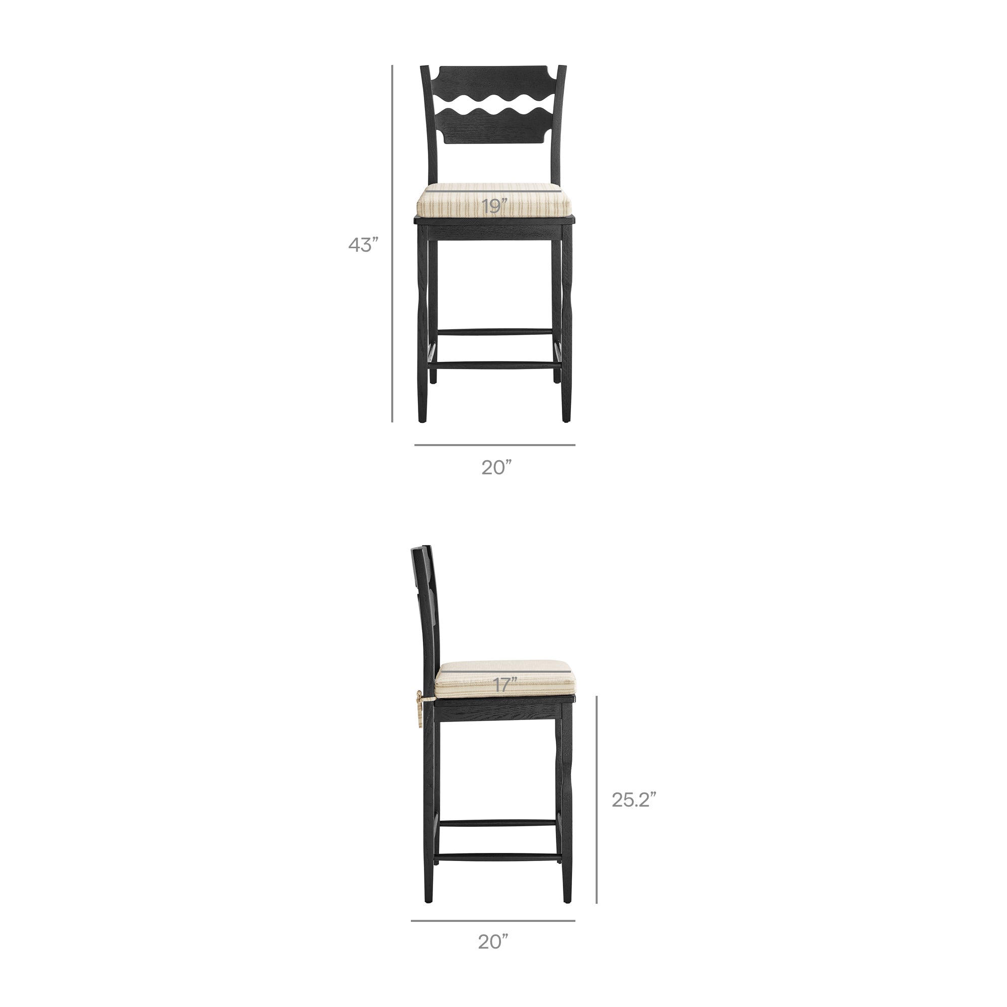 Jax Oak Wood Counter Stool With Wavy Razor Back and Cushion