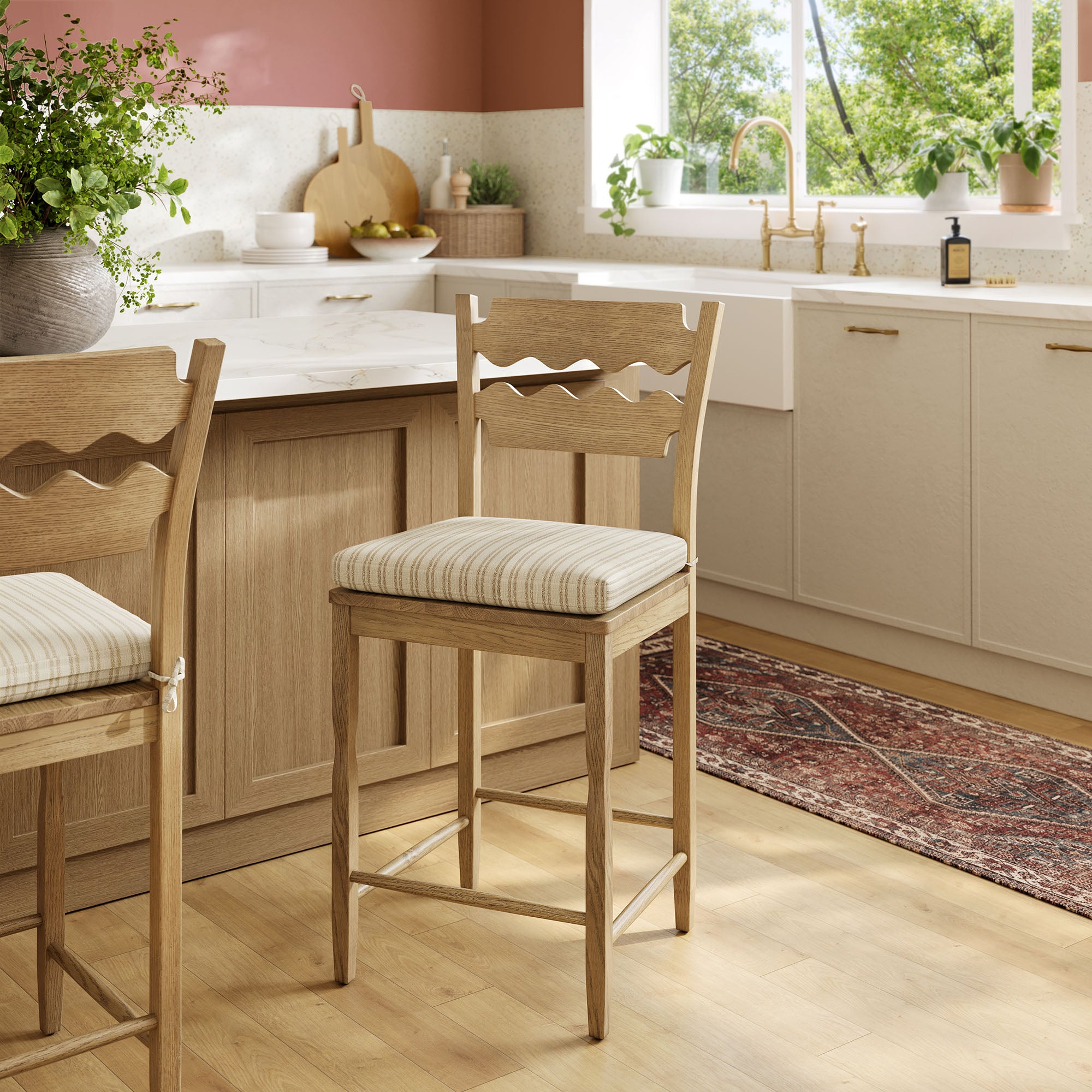 Jax Oak Wood Counter Stool With Wavy Razor Back and Cushion
