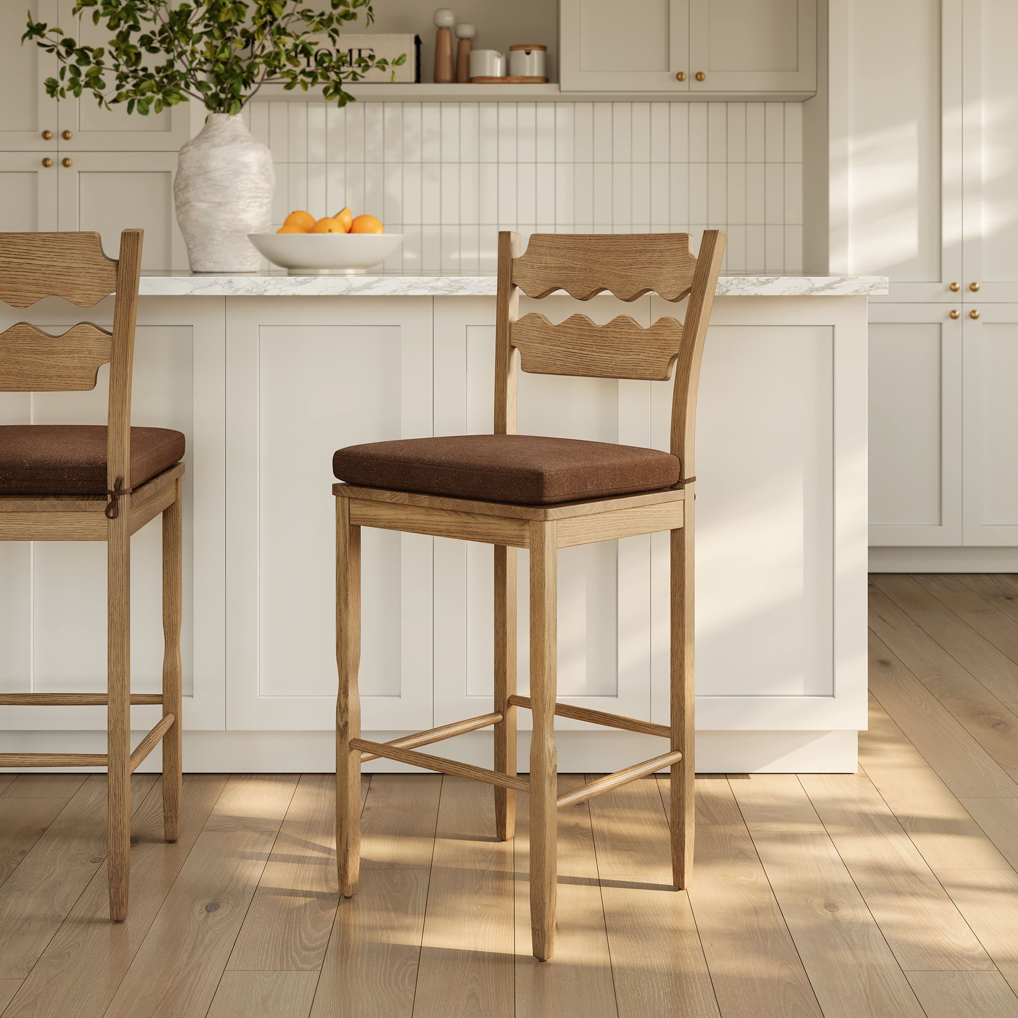 Jax Oak Wood Bar Stool With Wavy Razor Back and Cushion