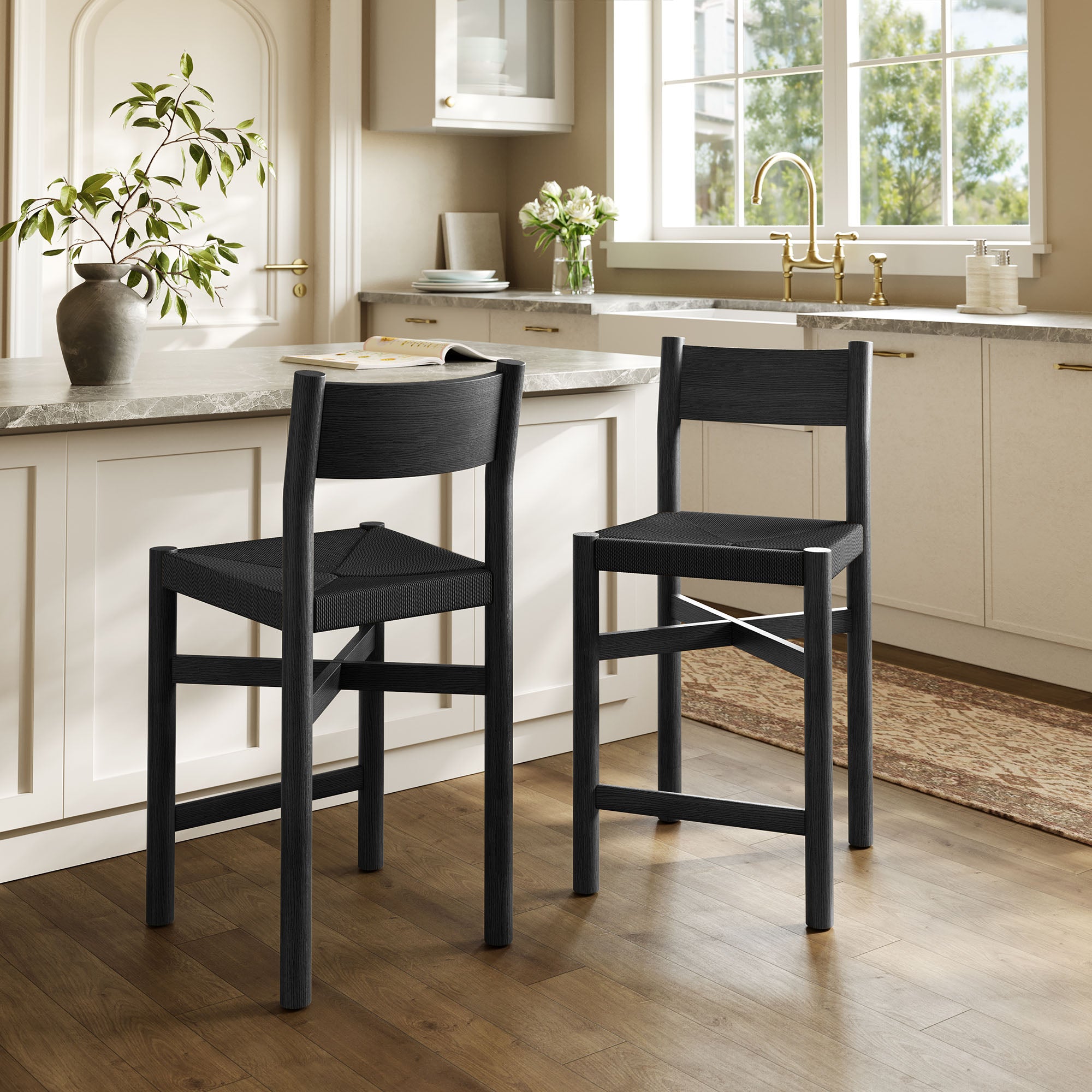 Alvia Wood Counter Stool With Woven Seats Set of 2