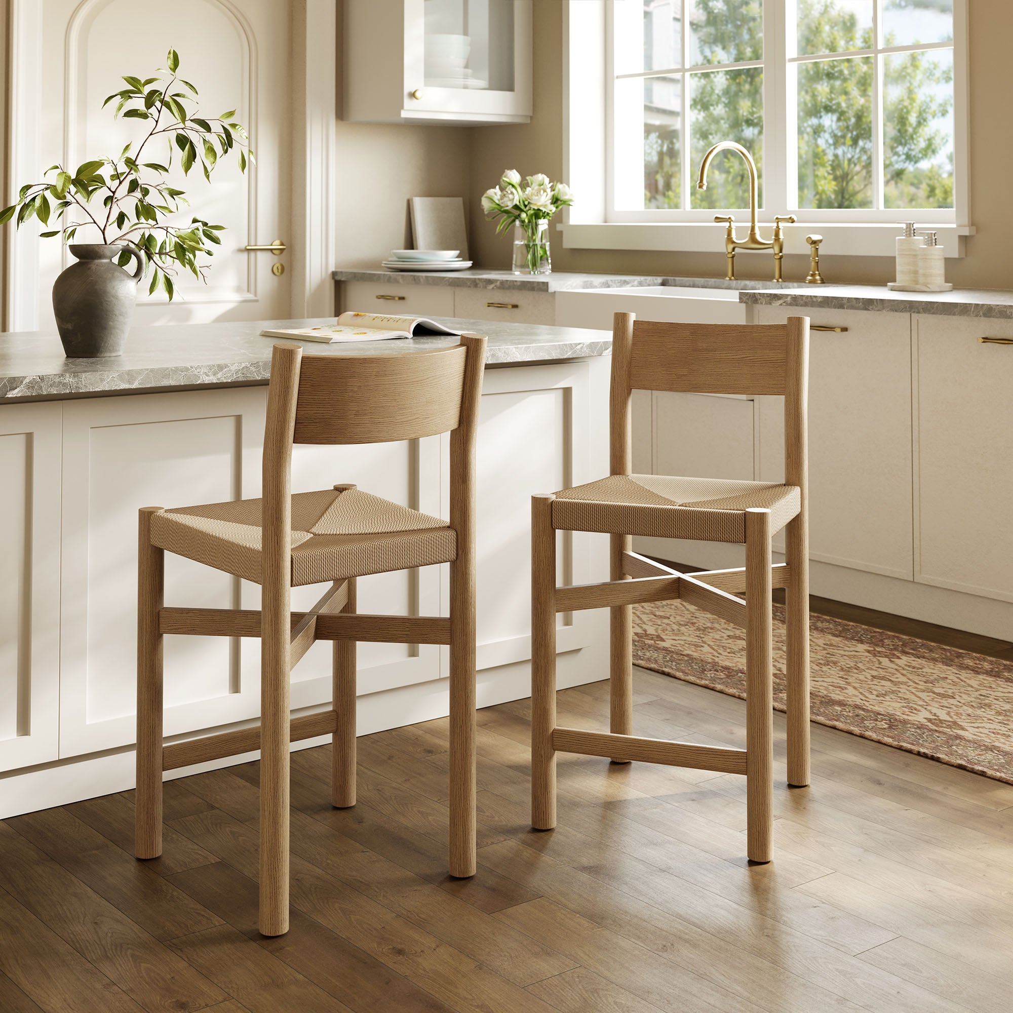 Alvia Wood Counter Stool With Woven Seats Set of 2