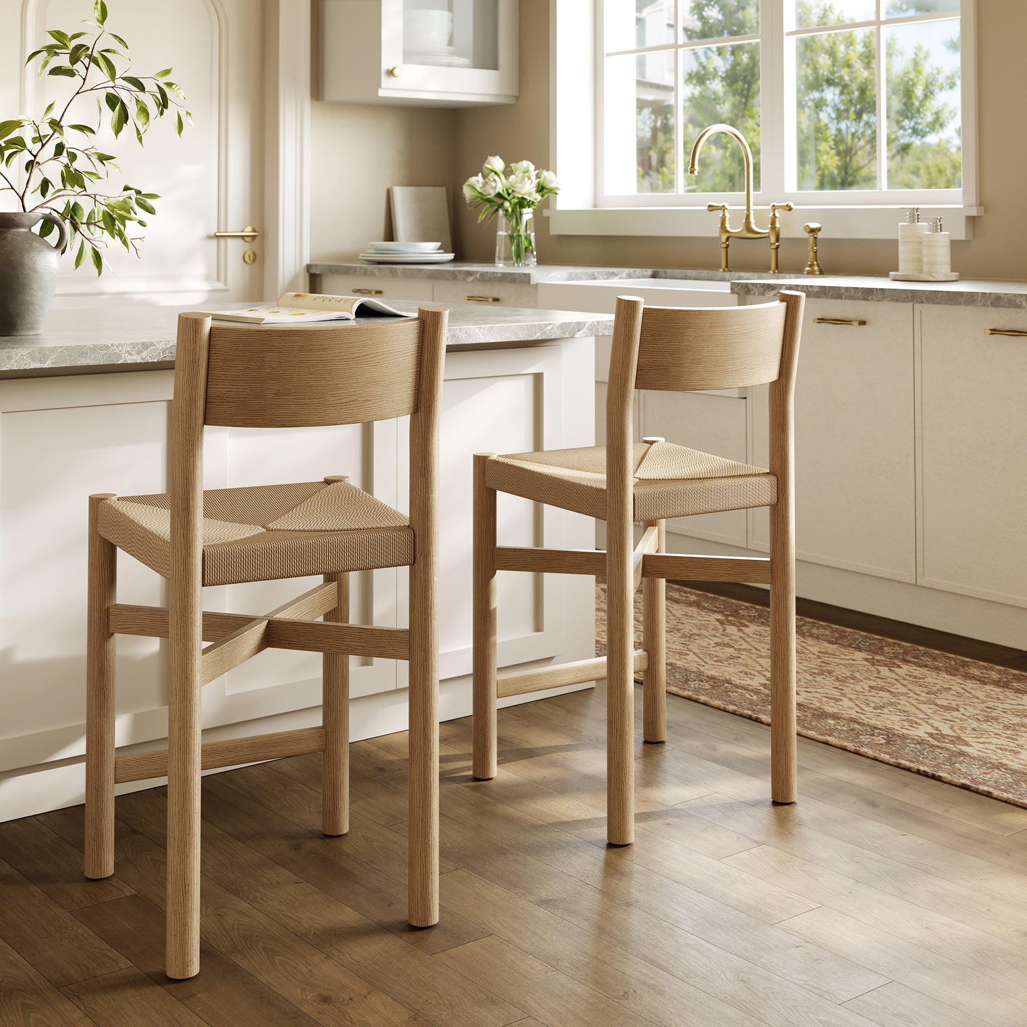 Alvia Wood Counter Stool With Woven Seats Set of 2