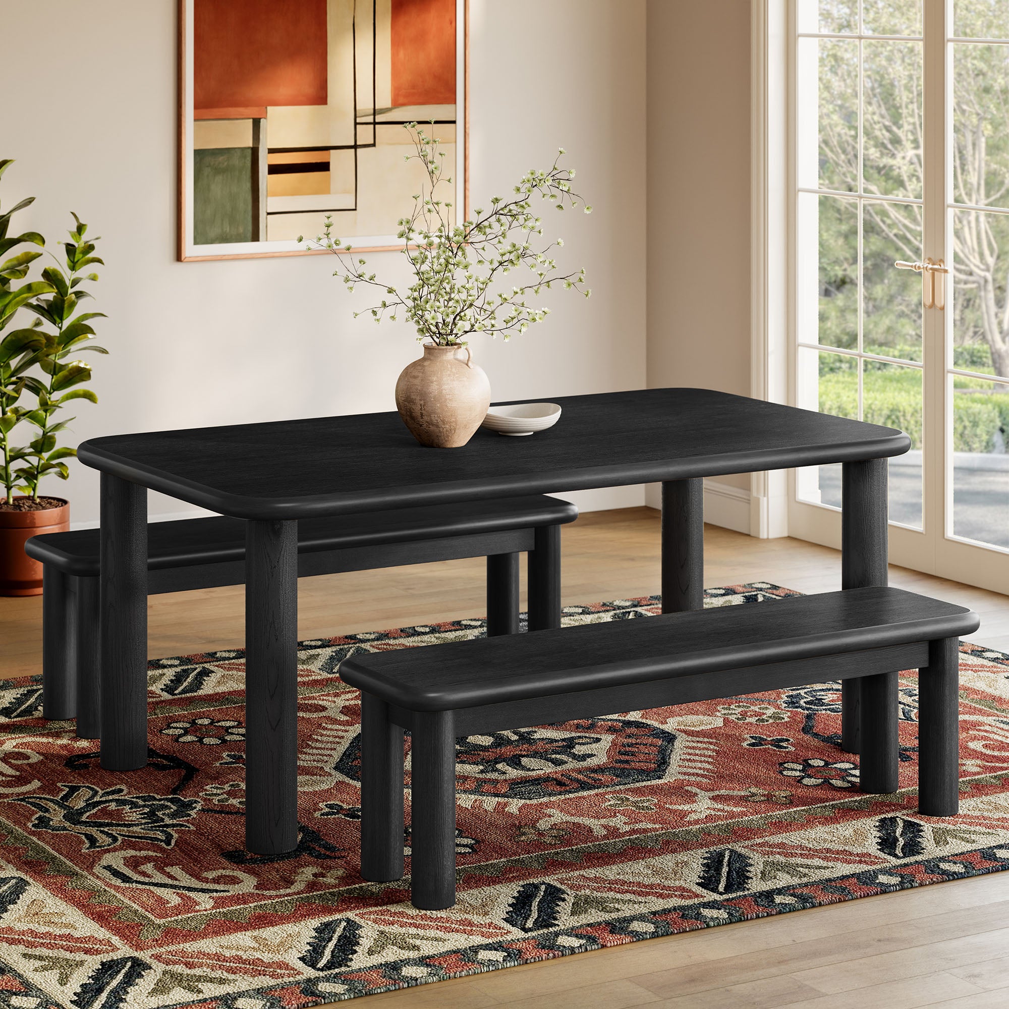 Alvia 3-Piece Wood Dining Table and Benches Set