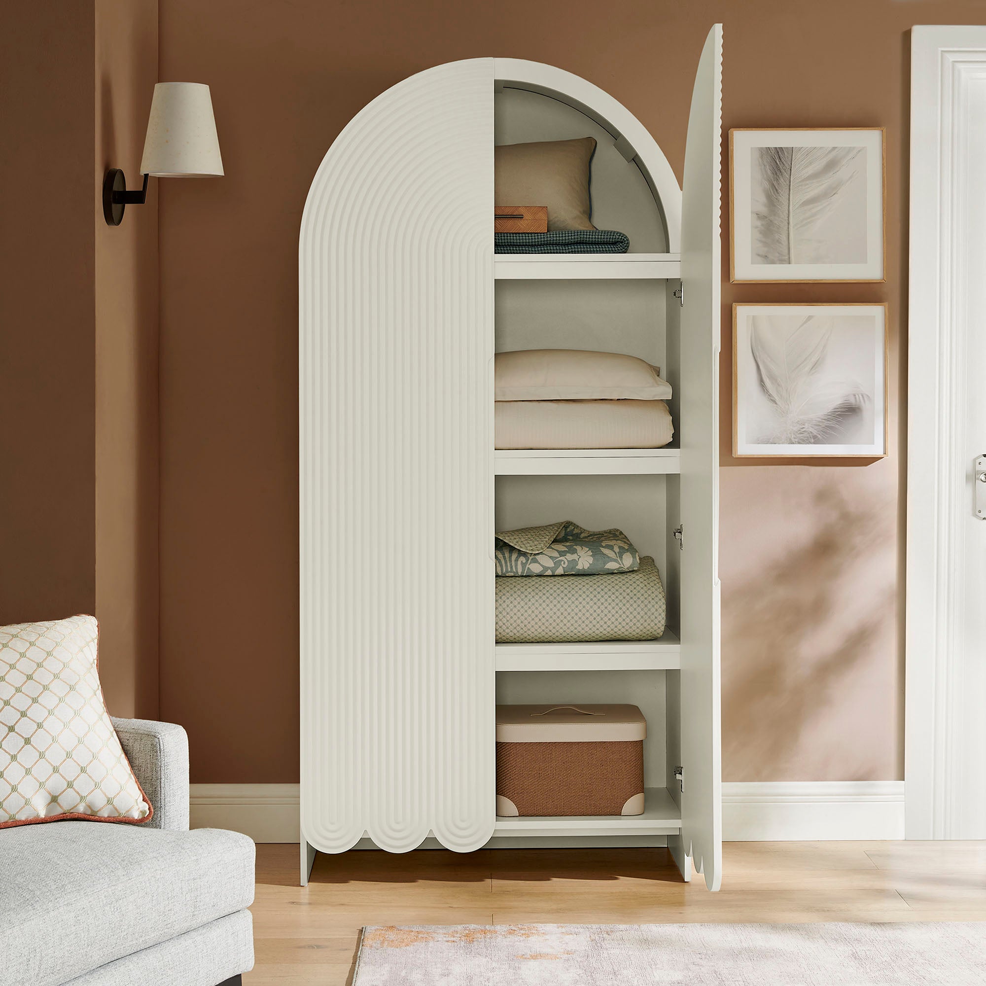 Dahlia 78 Inch Fluted and Scalloped Arched Storage Cabinet