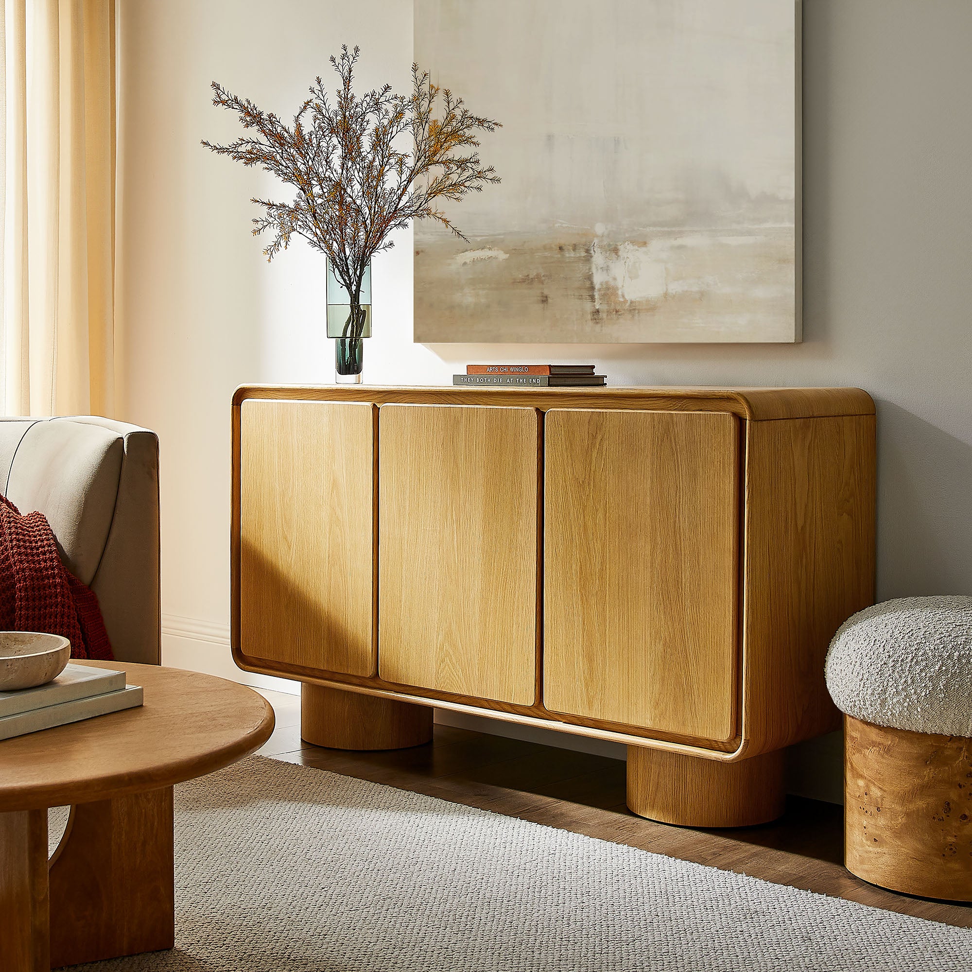 Lumo 3-Door Curved Wood Accent Cabinet