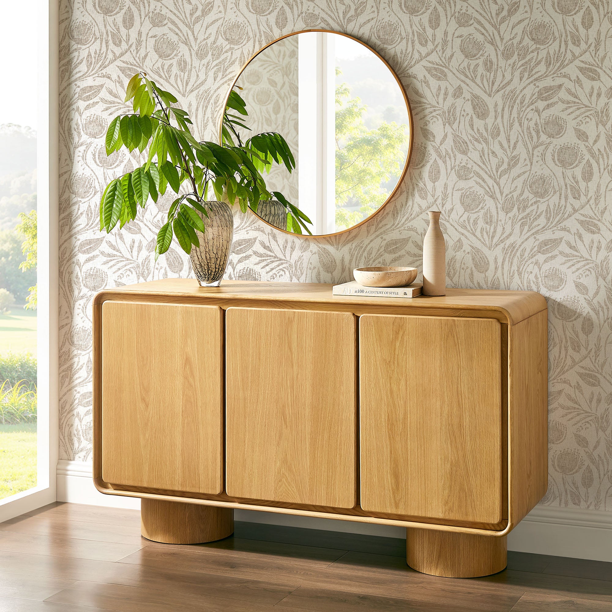 Lumo 3-Door Curved Wood Accent Cabinet