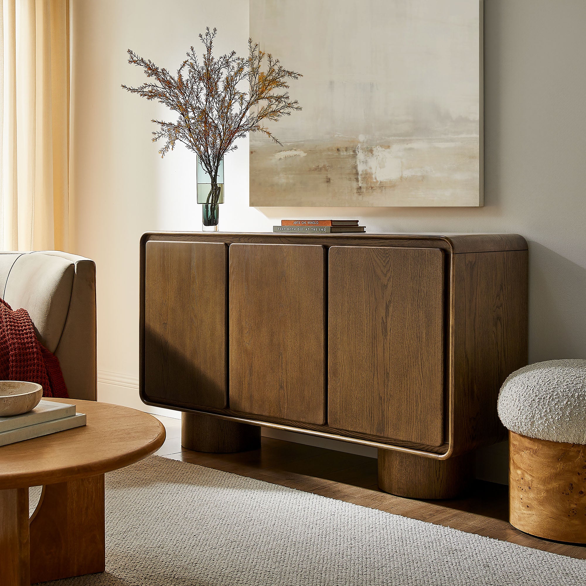 Lumo 3-Door Curved Wood Accent Cabinet