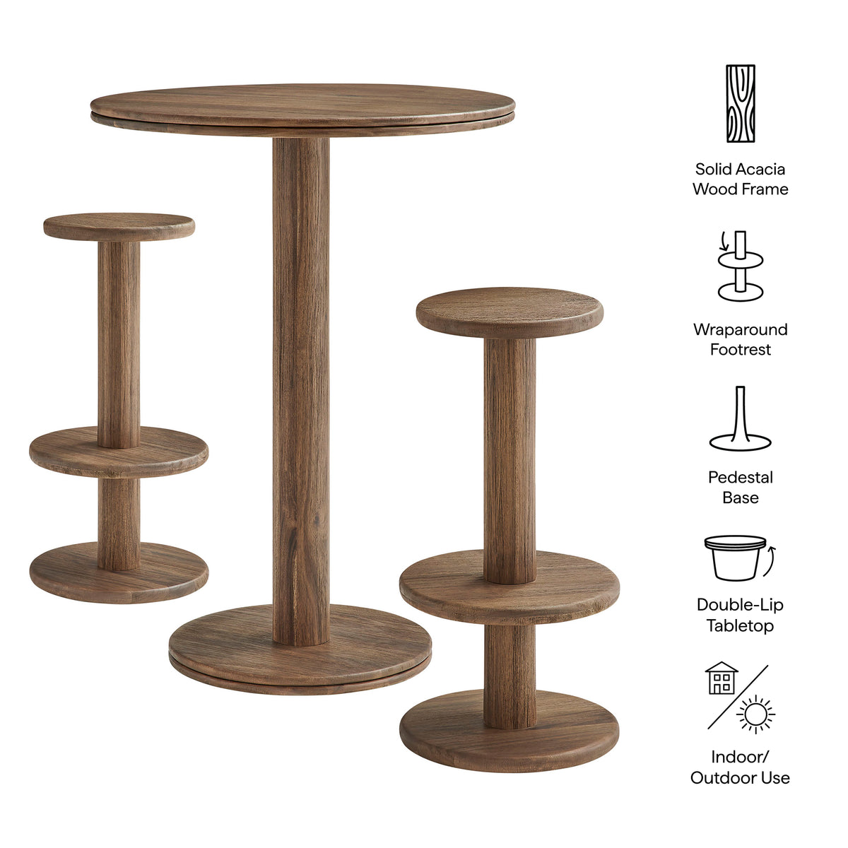 Neo 3-Piece Round Indoor - Outdoor Patio Patio Wood Bar Table And Stool Set