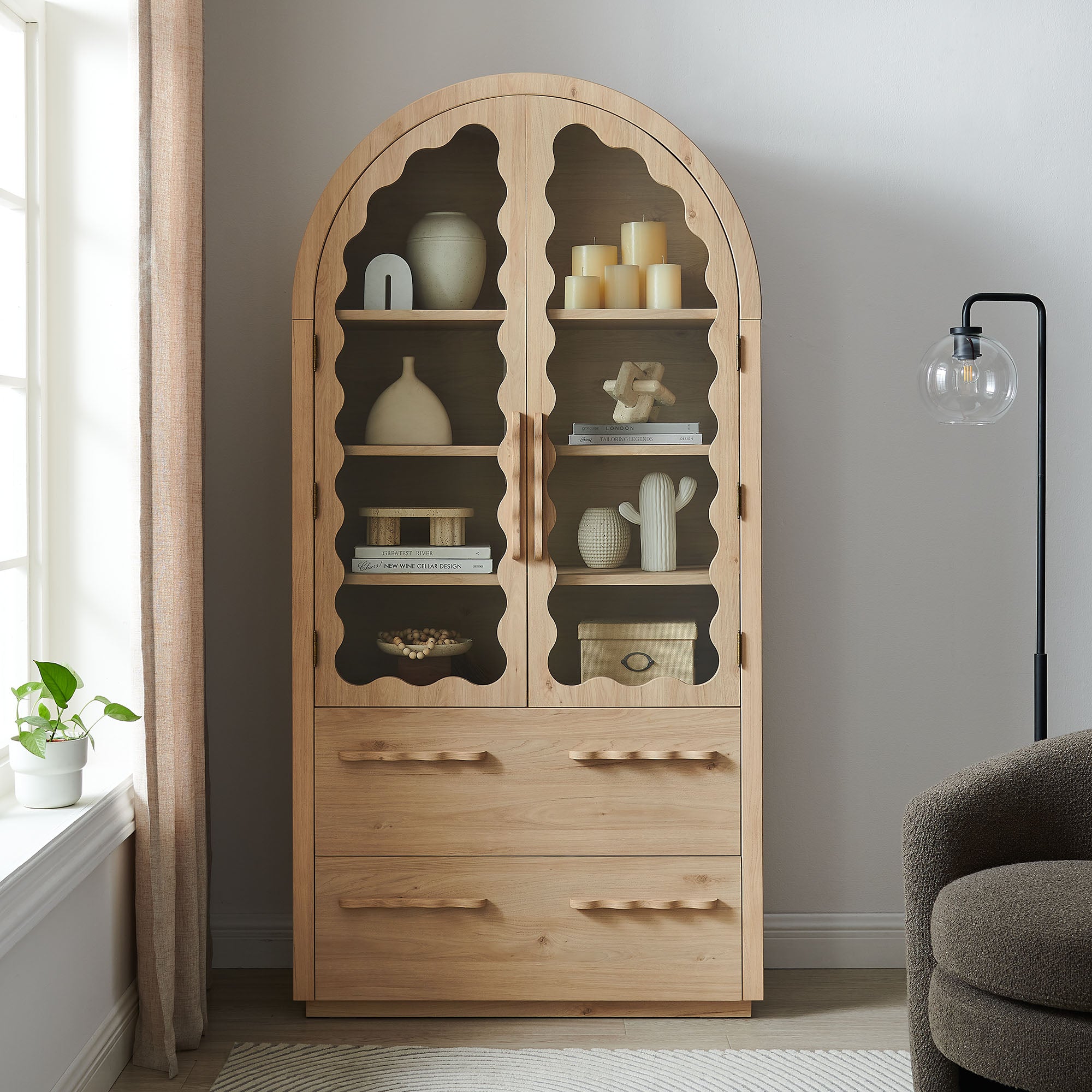 Rory 76 Inch Arched Kitchen Pantry Display Cabinet