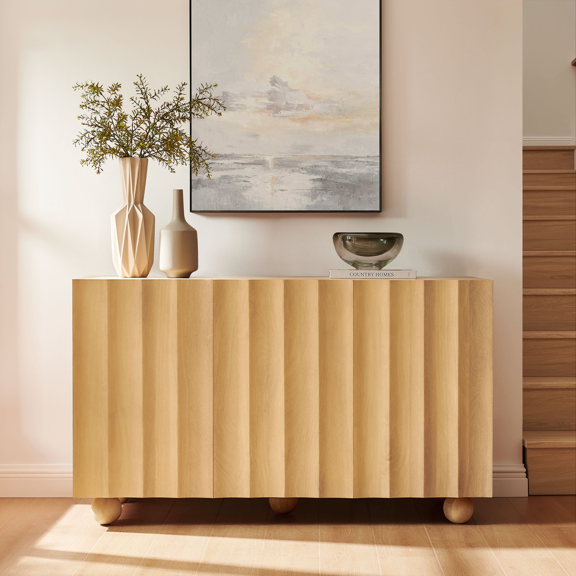 Sorren 54 Inch Scalloped Wood 3-Door Sideboard
