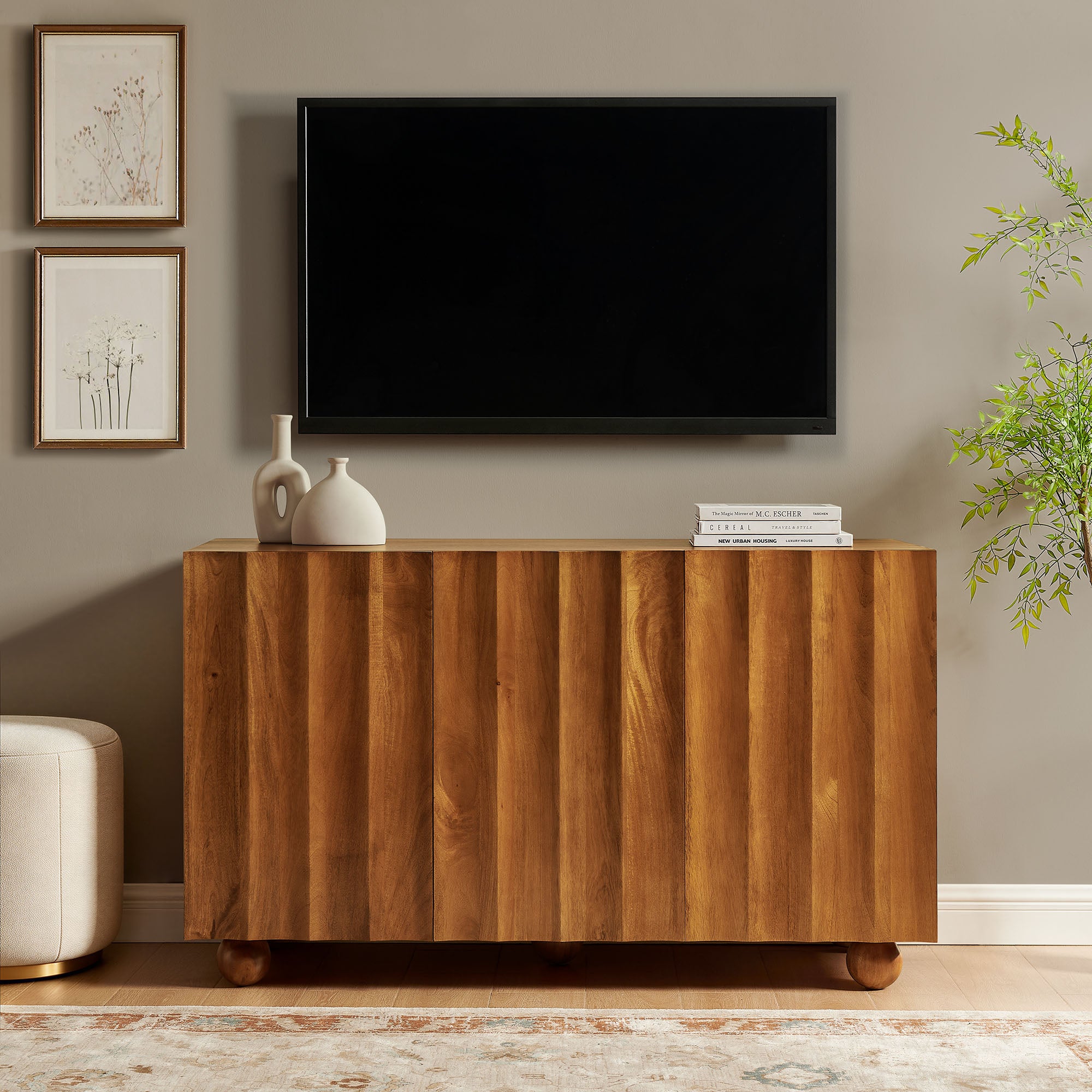 Sorren 54 Inch Scalloped Wood 3-Door Sideboard