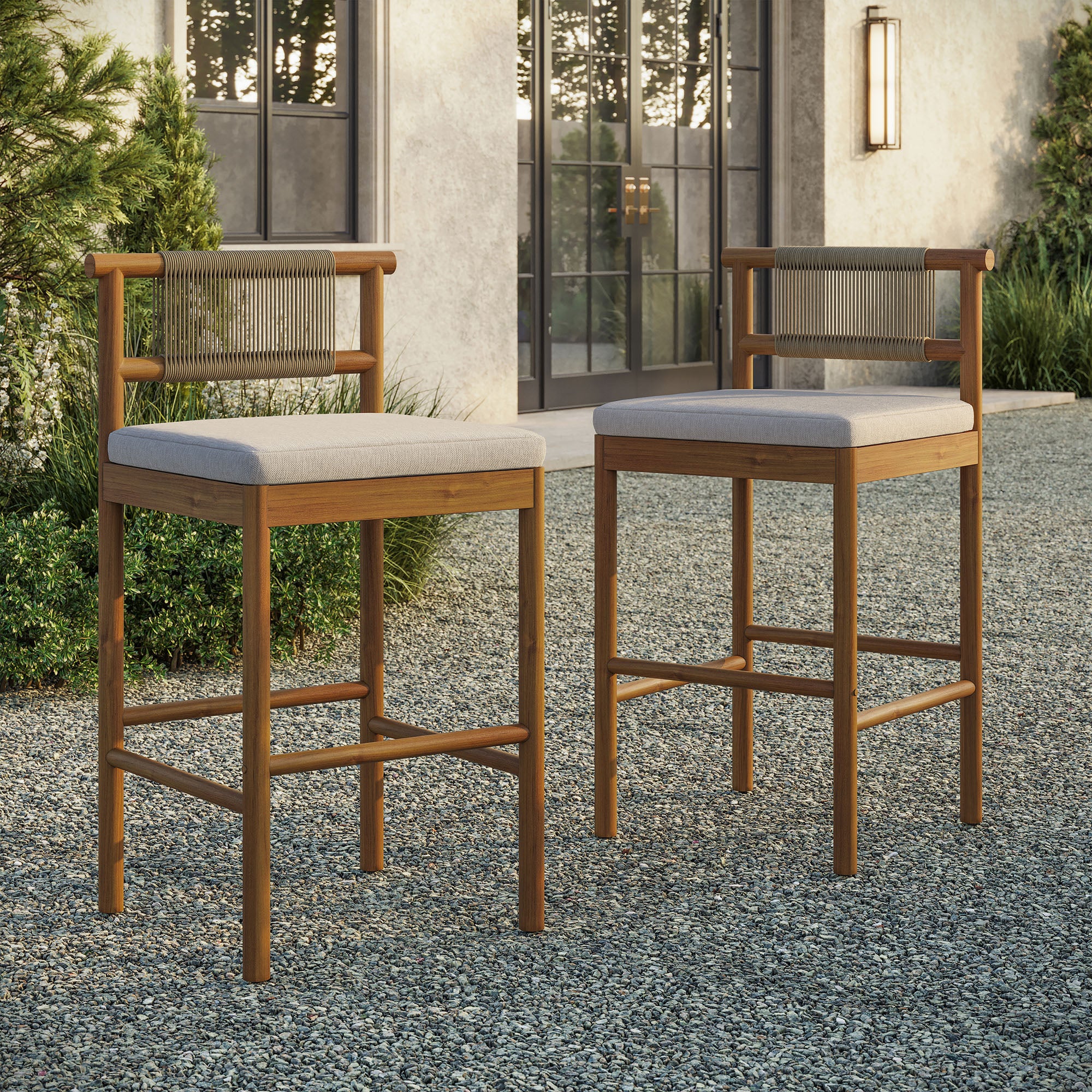 Eleni Outdoor Patio Teak Wood Bar Stools Set of 2