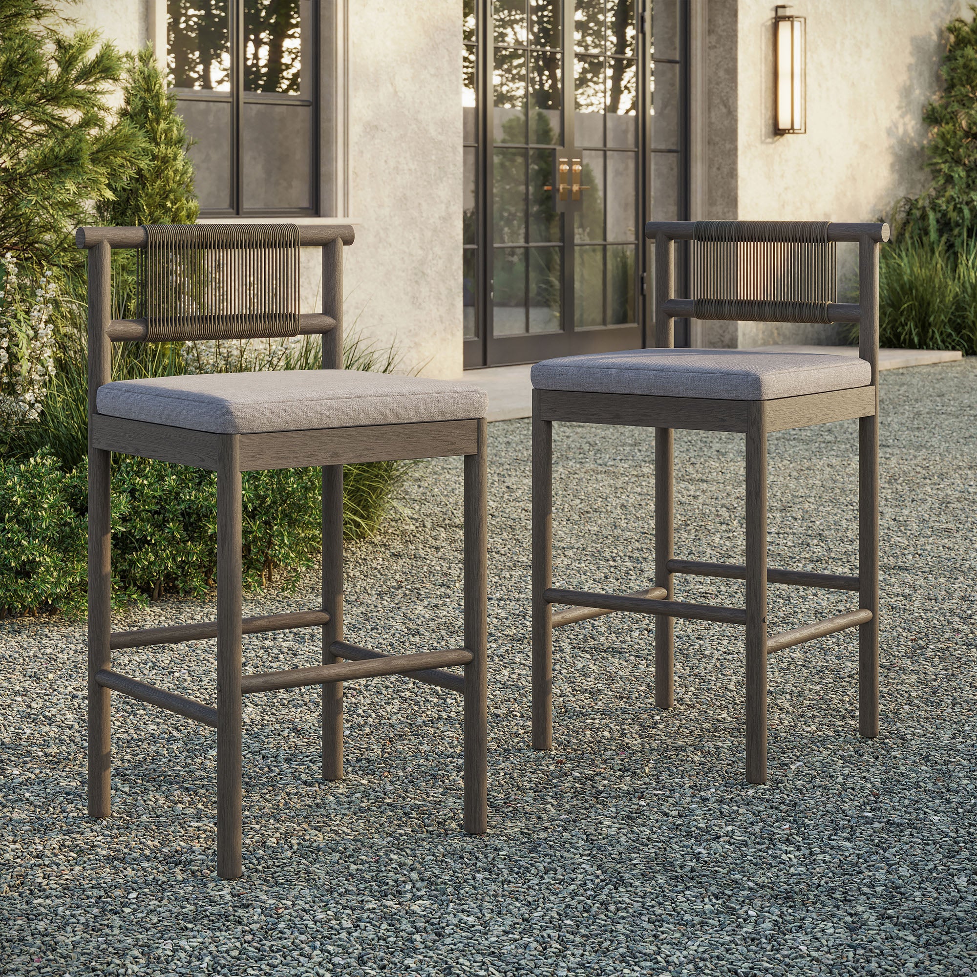 Eleni Outdoor Patio Teak Wood Bar Stools Set of 2
