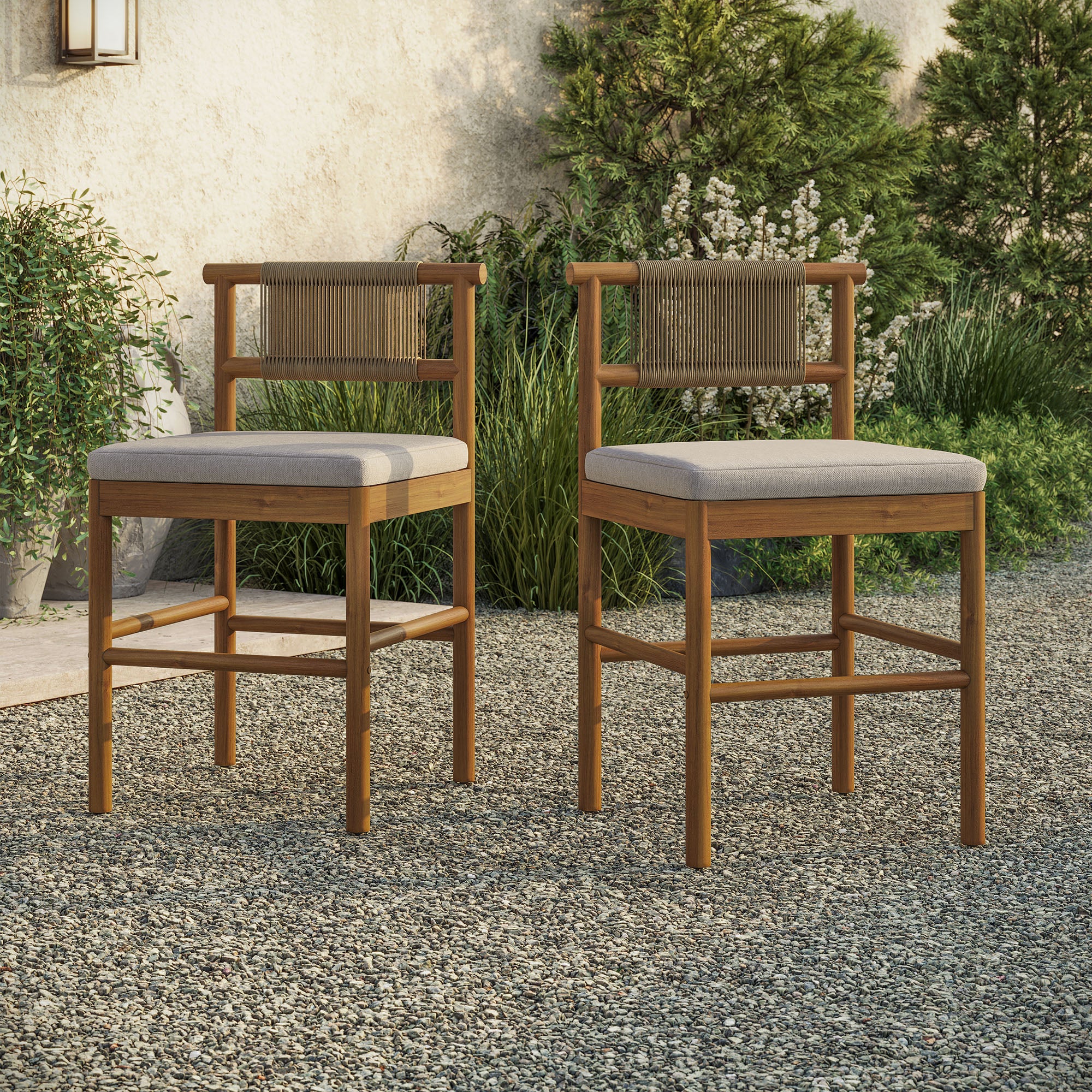 Eleni Outdoor Patio Teak Wood Counter Stools Set of 2